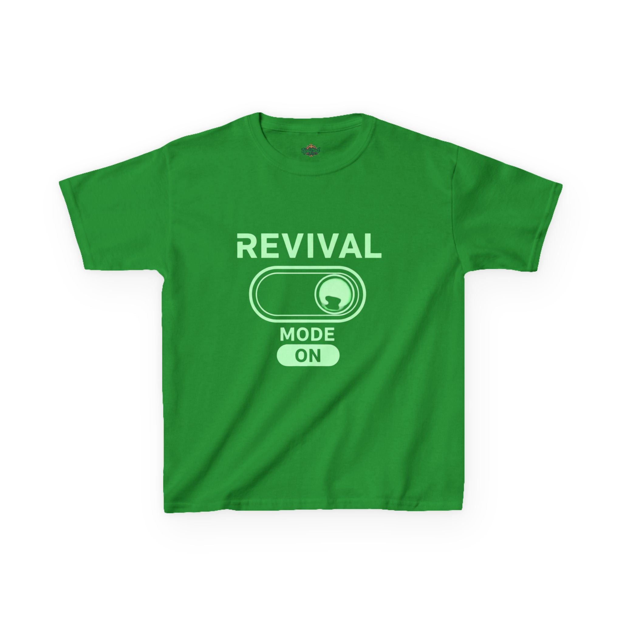 🔥 Revival Mode: ON – Christian Techwear Kids T-Shirt | Glowing Green Faith Switch | Futuristic Jesus Shirt | Activate Your Spiritual Awakening | Uplifted Gear Printify
