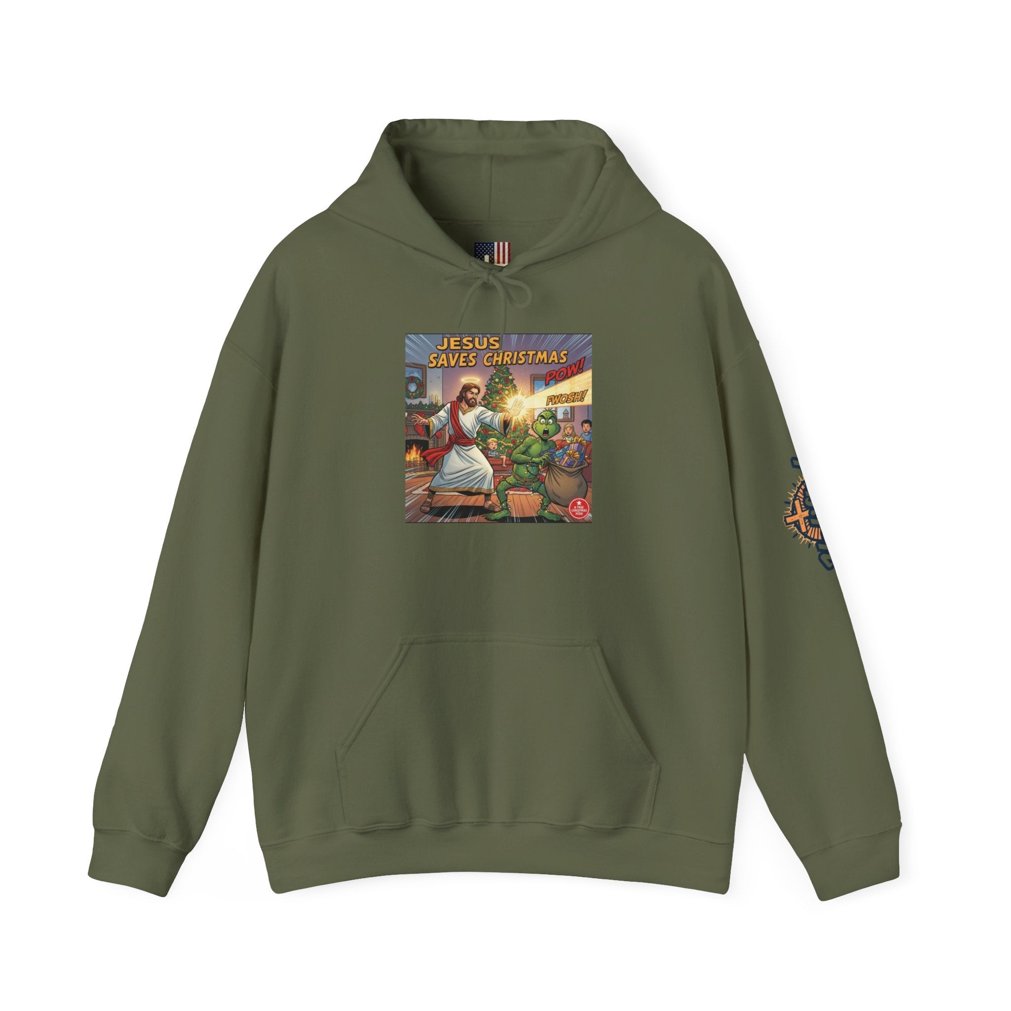 Jesus Saves Christmas Hoodie – Grinch vs Savior Light Battle Christian Sweatshirt for Hilarious Holiday Faith & True Joy Printify
