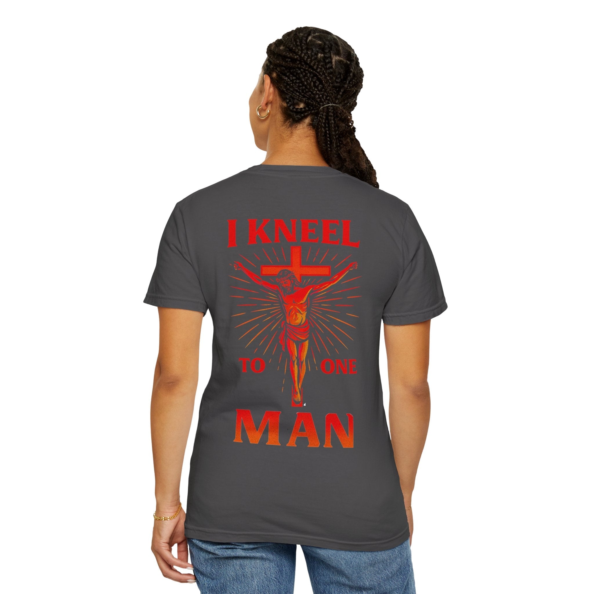 I Kneel to One Man T-shirt – Crucifixion Christian T-shirt for Unashamed Devotion & Bold Faith Printify