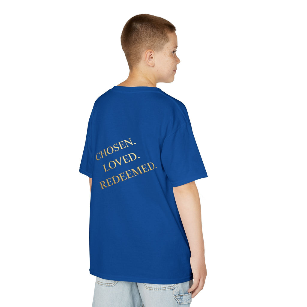 ✨ Chosen. Loved. Redeemed. – Elegant Christian Kids T-Shirt | Gold Foil Faith Tee | Subtle Cross & Heart Design | Inspirational Bible Verse Apparel by Uplifted Gear Printify