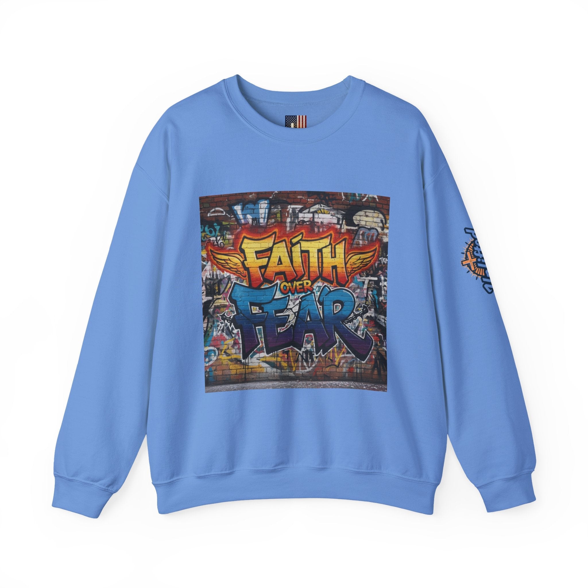 Faith Over Fear Sweatshirt – Graffiti Wall Christian Sweatshirt for Bold 2 Corinthians 5:7 Streetwear & Unshakable Faith Printify