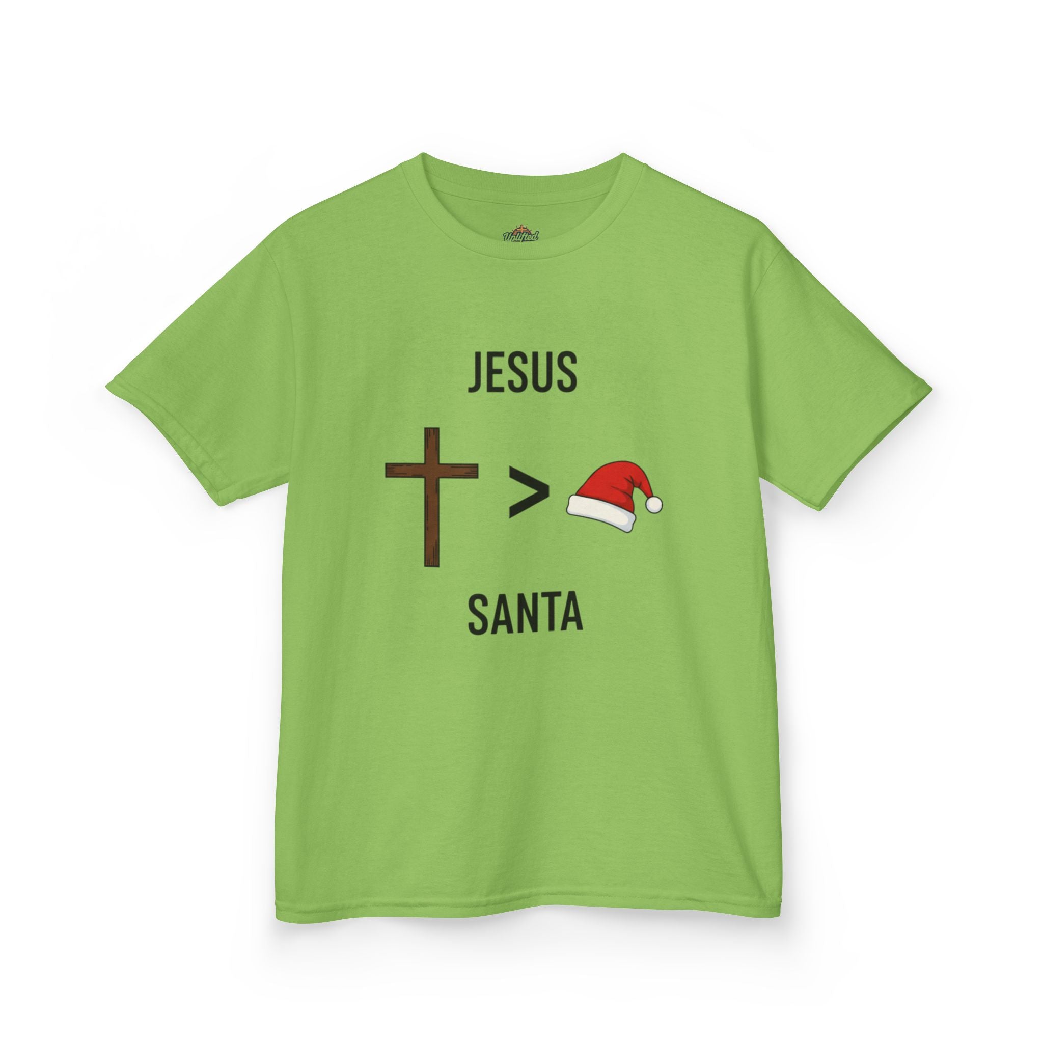 🎄 Jesus > Santa – Minimalist Christian Christmas Kids T-Shirt | Bold Faith Over Holiday Tee | Cross vs Santa Hat Design | Uplifted Gear Printify