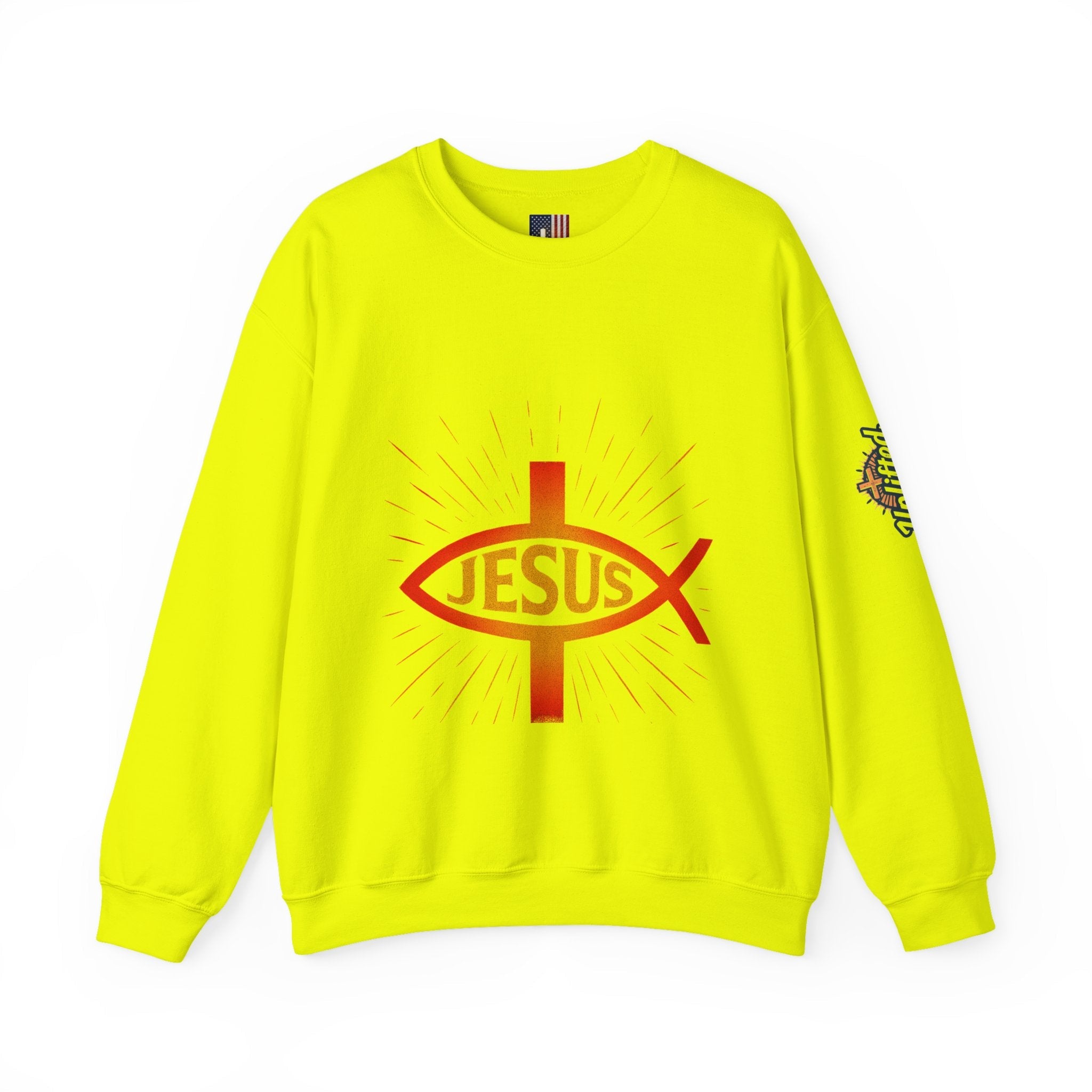 Jesus Ichthys Sweatshirt – Christian Fish Symbol with Cross & Jesus Inscription Sweatshirt for Eternal Faith & Streetwear Printify