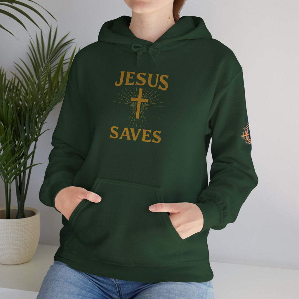 Jesus Saves Hoodie – Radiant Cross & Rays of Light Christian Sweatshirt for Eternal Hope & Faith Printify
