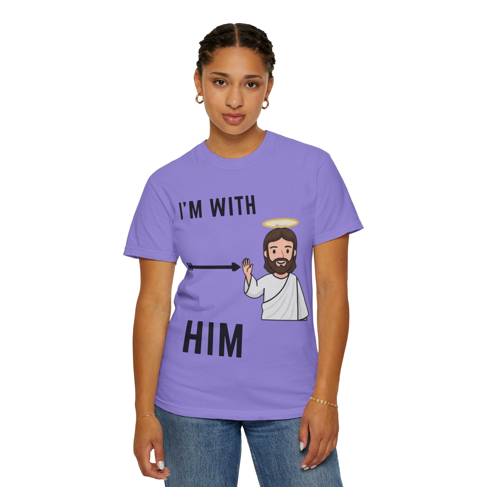 🔥 I’m With Him → Christian T-Shirt | Arrow Pointing to Jesus | Minimalist Faith Tee | Subtle Cross Design | Bible-Inspired Apparel by Uplifted Gear Printify