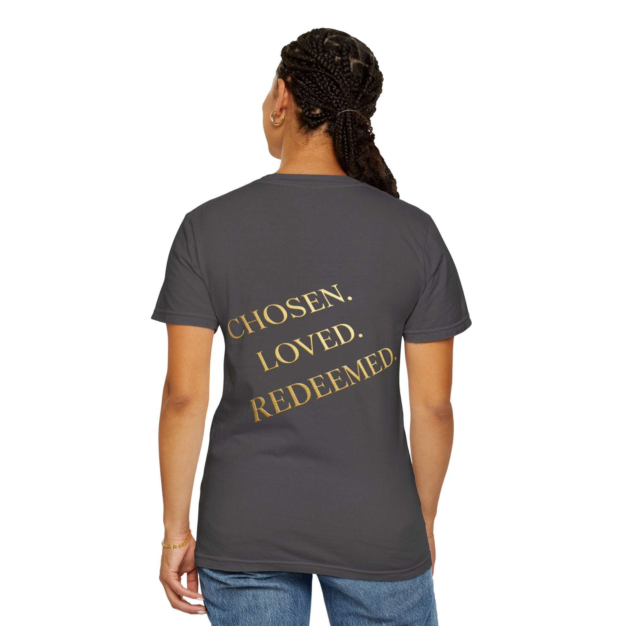 ✨ Chosen. Loved. Redeemed. – Elegant Christian T-Shirt | Gold Foil Faith Tee | Subtle Cross & Heart Design | Inspirational Bible Verse Apparel by Uplifted Gear Printify
