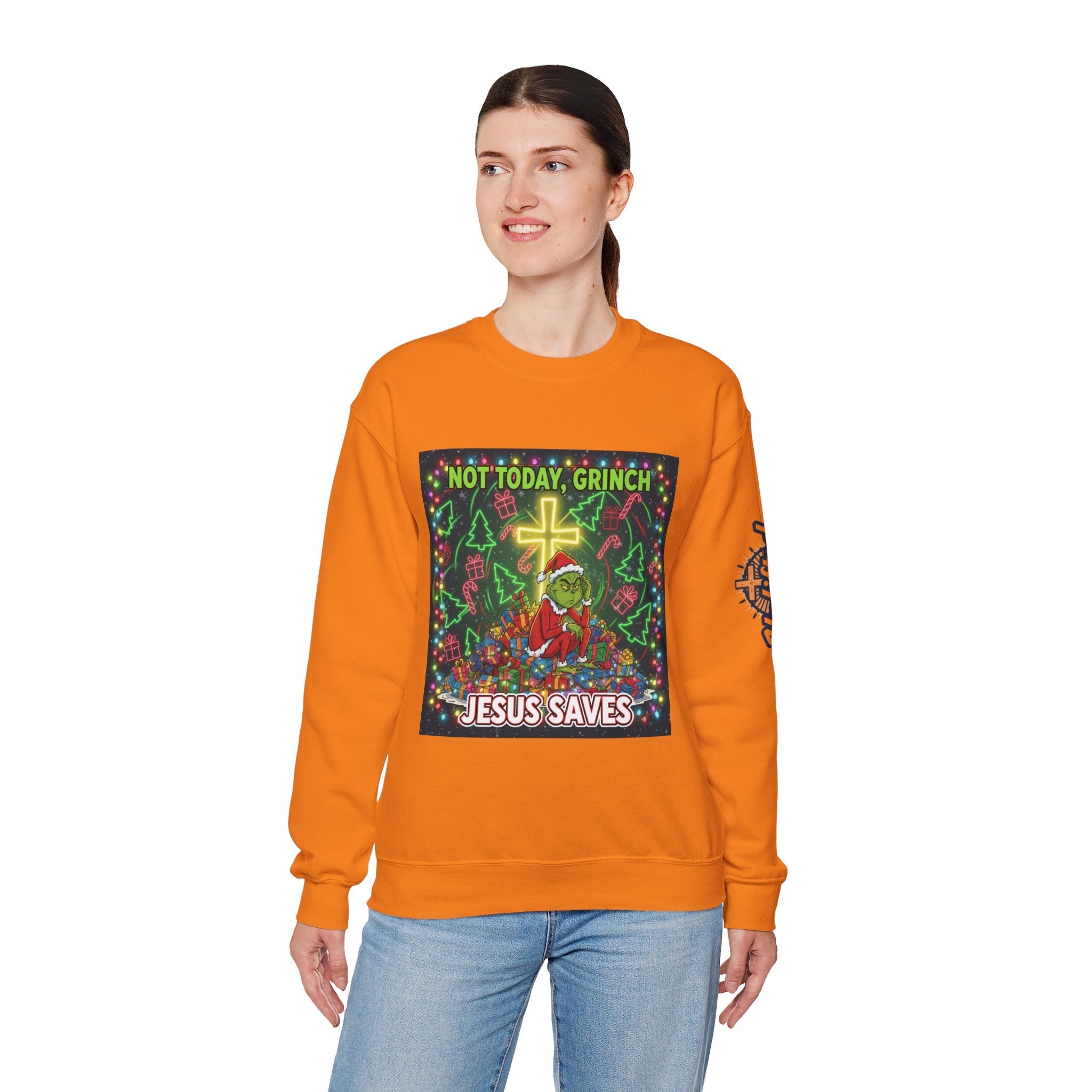 🎄 Not Today, Grinch – Jesus Saves | Funny Christian Christmas Sweatshirt | Festive Green & Red Cartoon Style | Bold Faith Holiday Tee by Uplifted Gear Printify