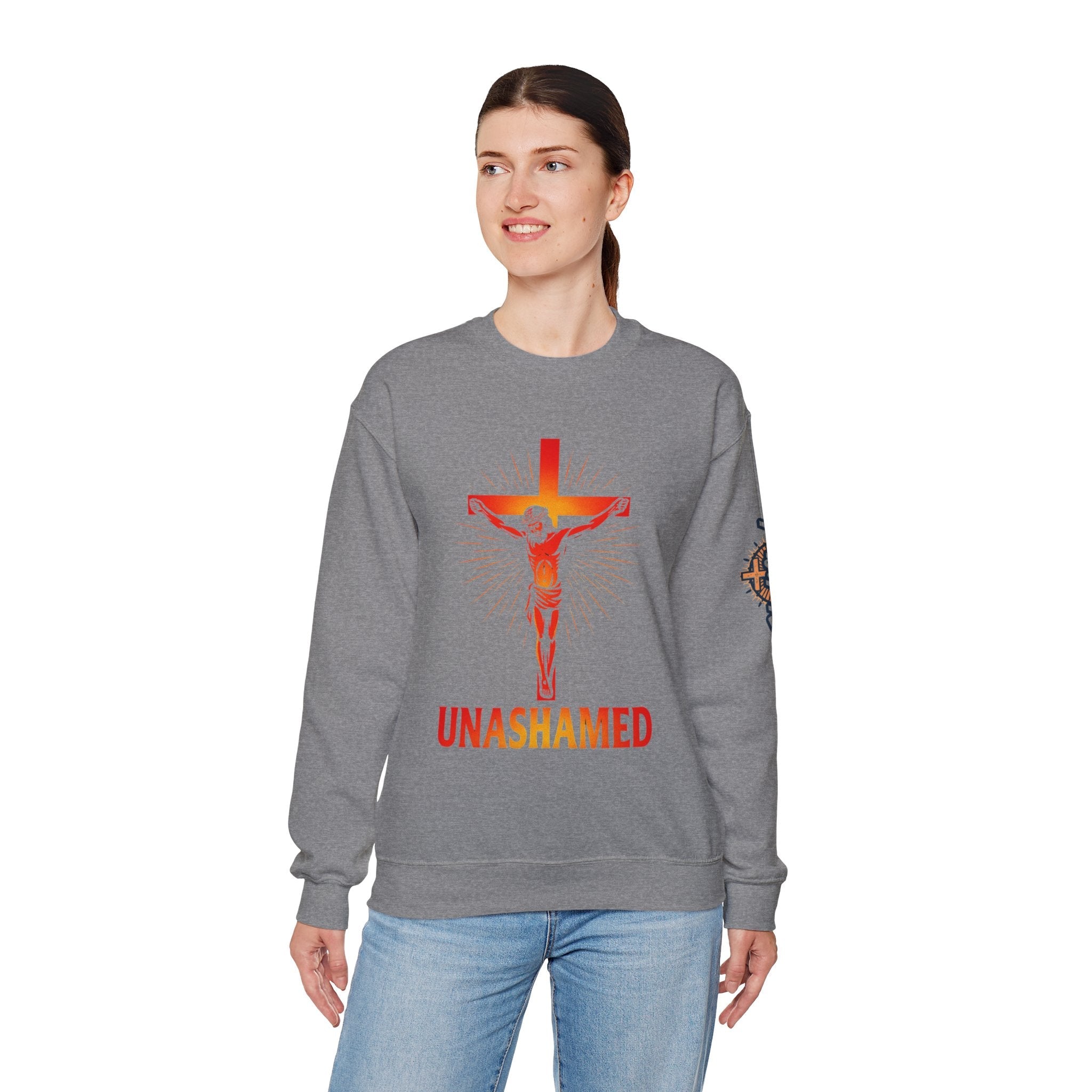 Unashamed Sweatshirt – Romans 1:16 Crucifixion Christian Sweatshirt for Bold Unwavering Faith Printify