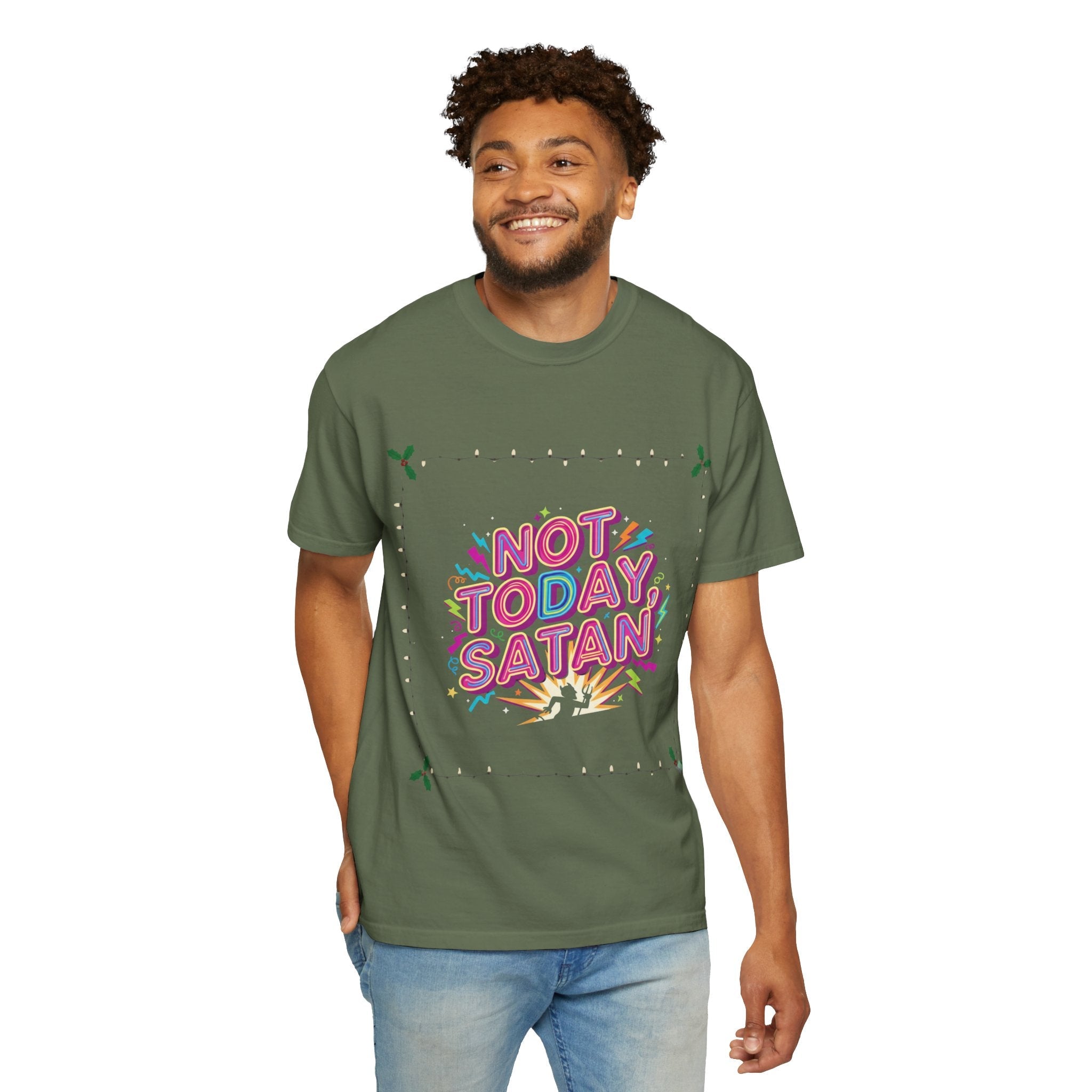 🔥 Not Today, Satan – Retro 90s Christian T-Shirt | Neon Faith Tee | Funky Cartoon Devil | Bold Bible Verse Shirt | Uplifted Gear Printify