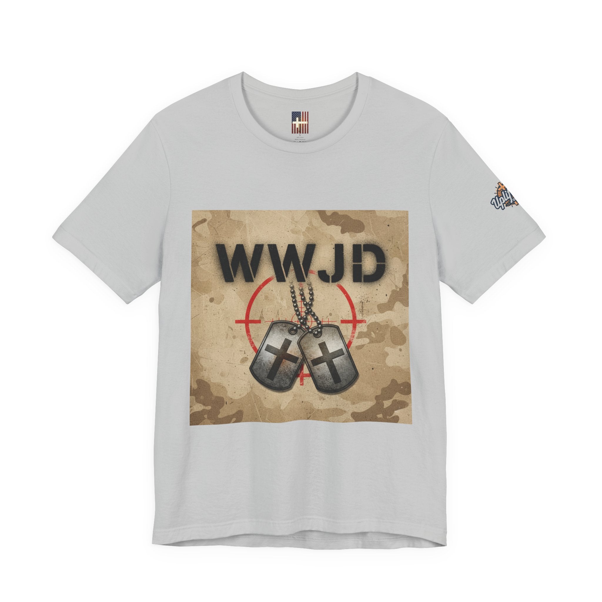 WWJD T-shirt – Military Dog Tags What Would Jesus Do Camo Christian T-shirt for Bold Faith & Streetwear Printify
