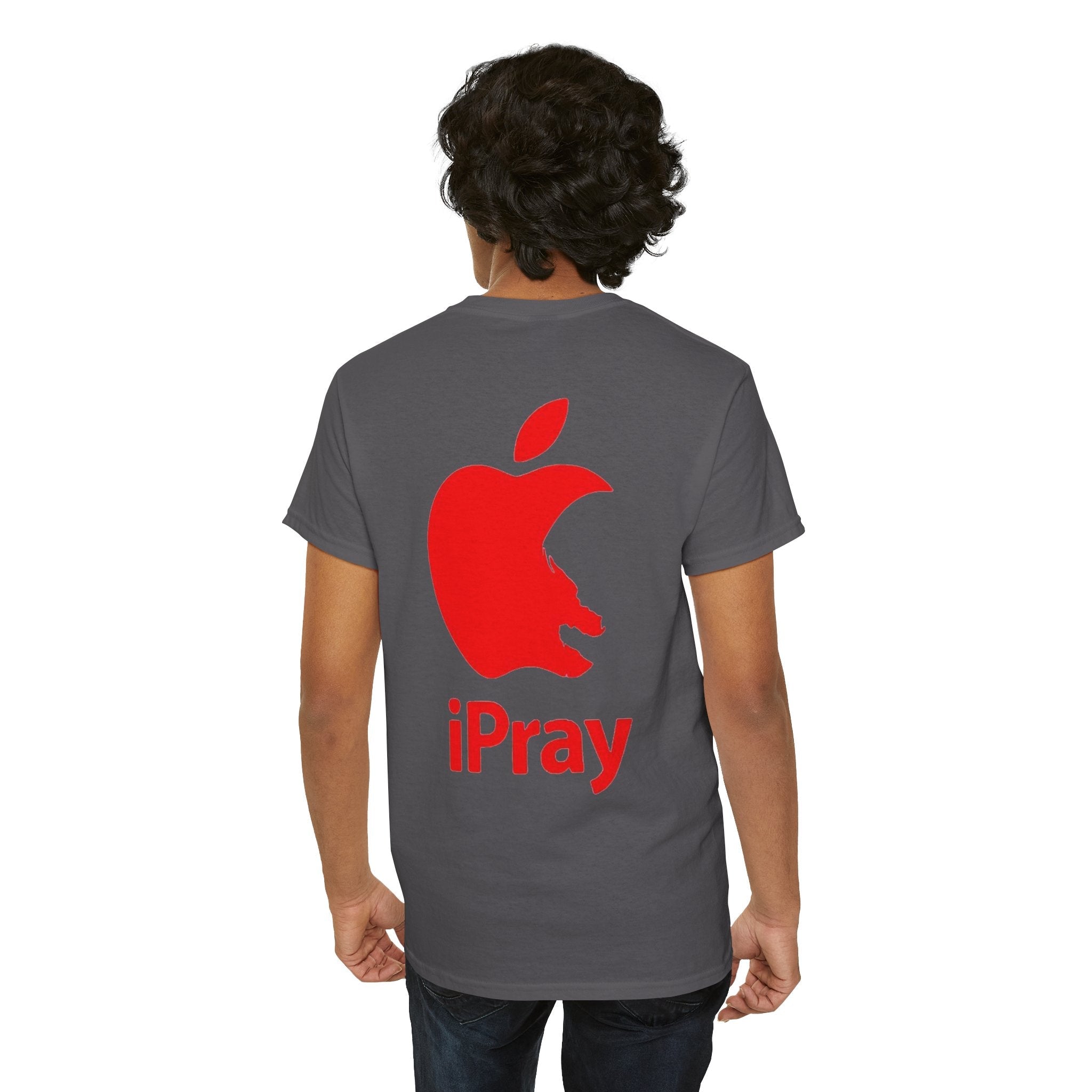 iPray Apple Logo Tee — Funny Christian T-Shirt (Minimal Red Apple Graphic) Printify