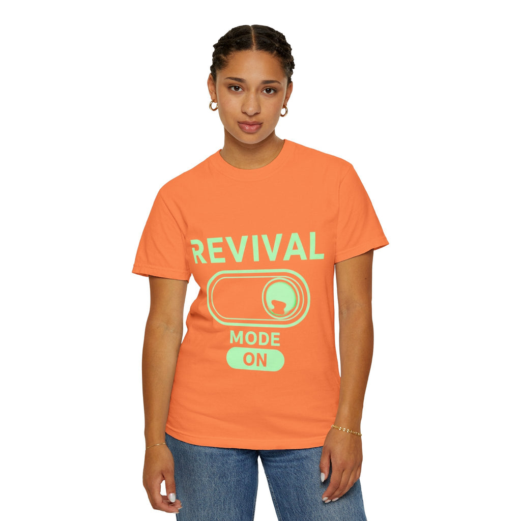 🔥 Revival Mode: ON – Christian Techwear T-Shirt | Glowing Green Faith Switch | Futuristic Jesus Shirt | Activate Your Spiritual Awakening | Uplifted Gear Printify