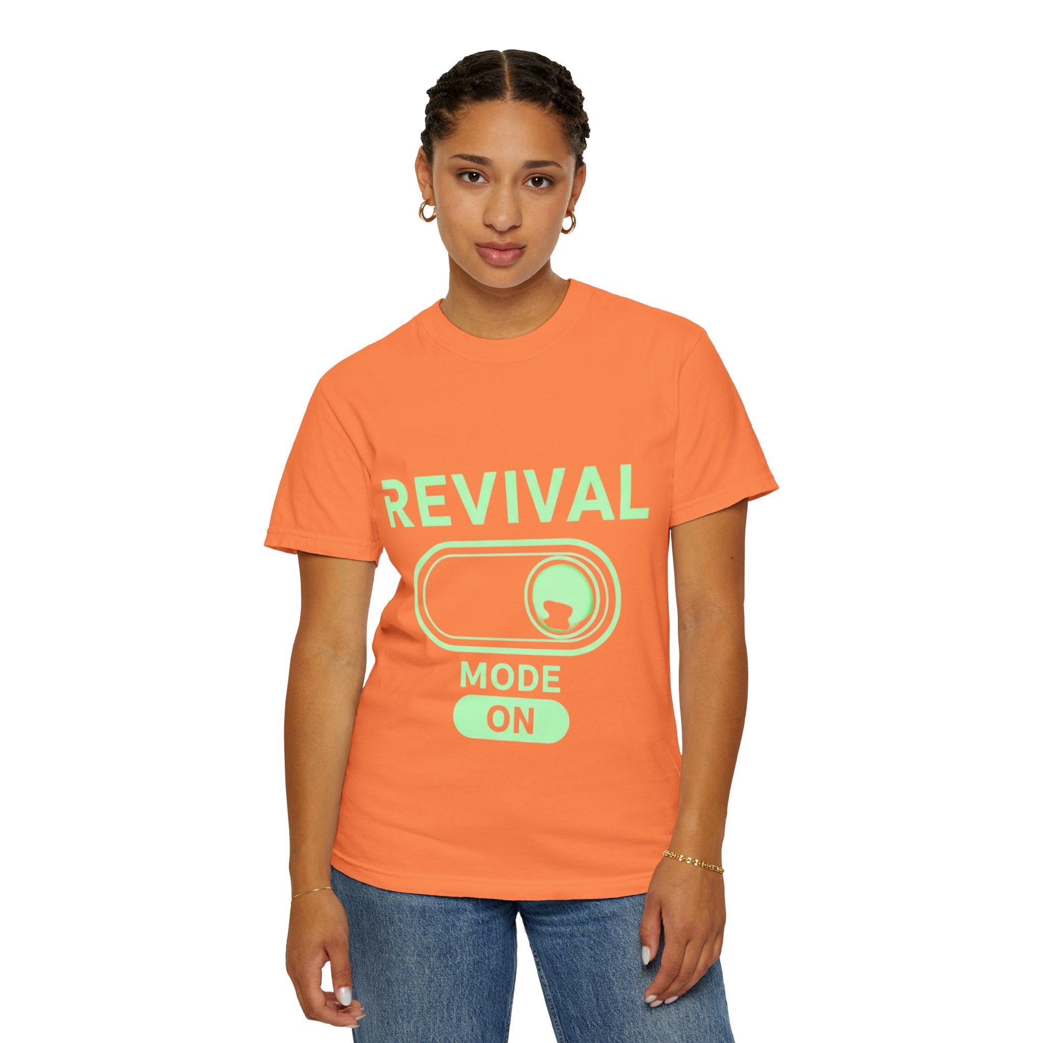 🔥 Revival Mode: ON – Christian Techwear T-Shirt | Glowing Green Faith Switch | Futuristic Jesus Shirt | Activate Your Spiritual Awakening | Uplifted Gear Printify