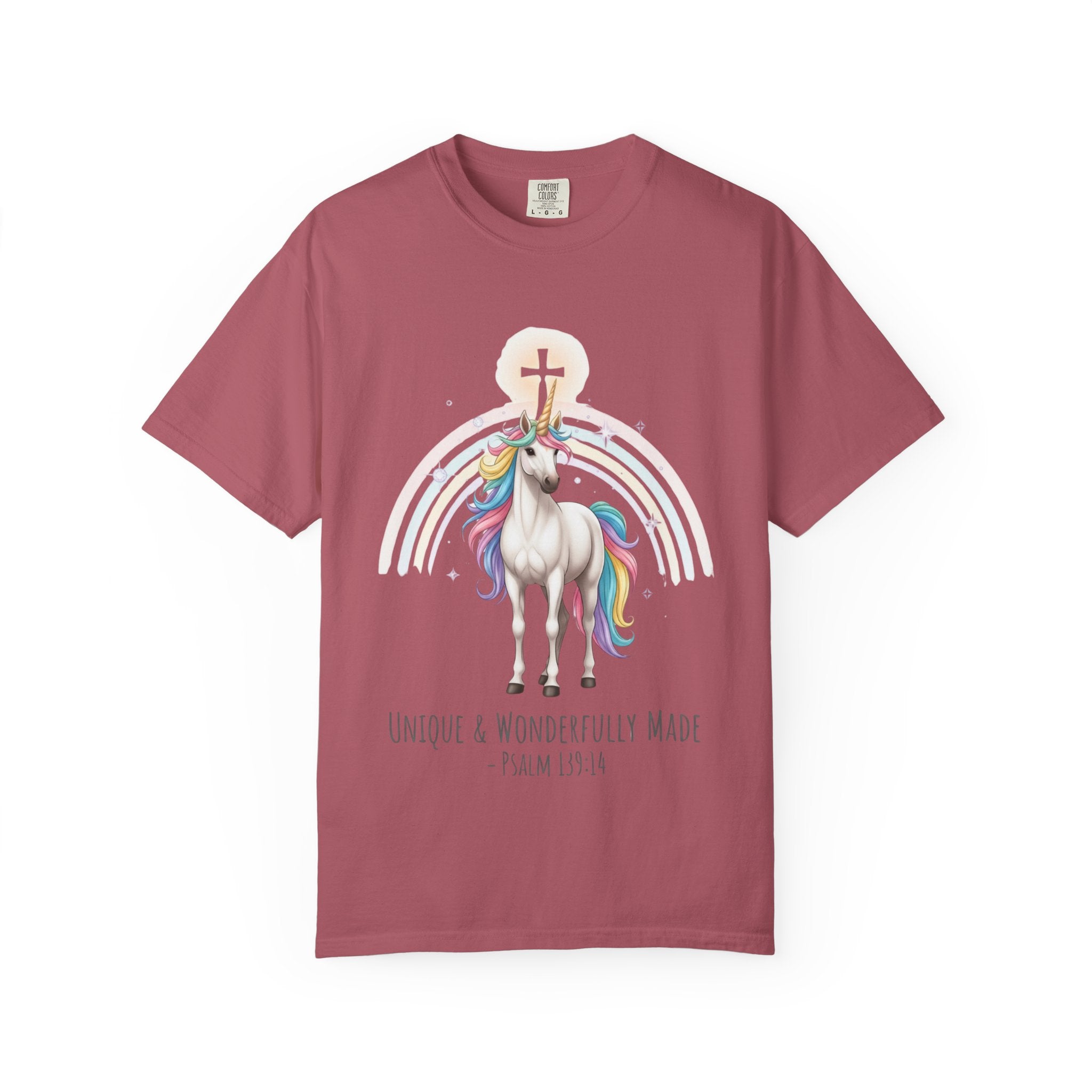 Unique Unicorn Christian T-Shirt – Wonderfully Made with Rainbow Cross & Psalm 139:14 Printify
