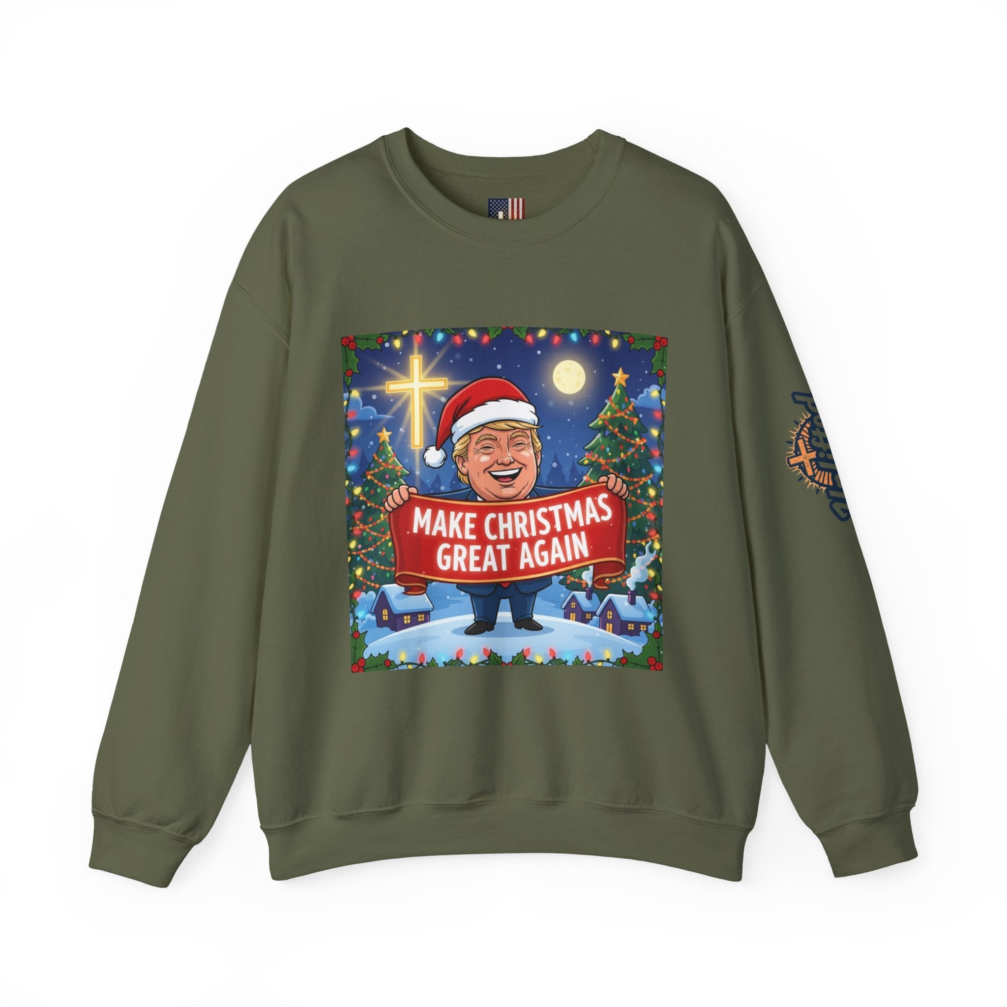 🎄 Make Christmas Great Again – Patriotic Christian Christmas Sweatshirt | Bold Holiday Faith Tee | Red & White Banner Design | Uplifted Gear Printify