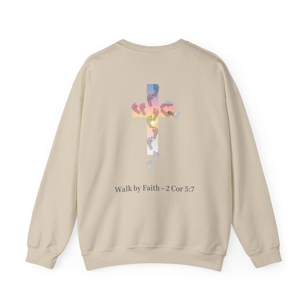 Walk by Faith Sweatshirt – Cross & Footprints Christian Sweatshirt for Cozy Inspiration Printify