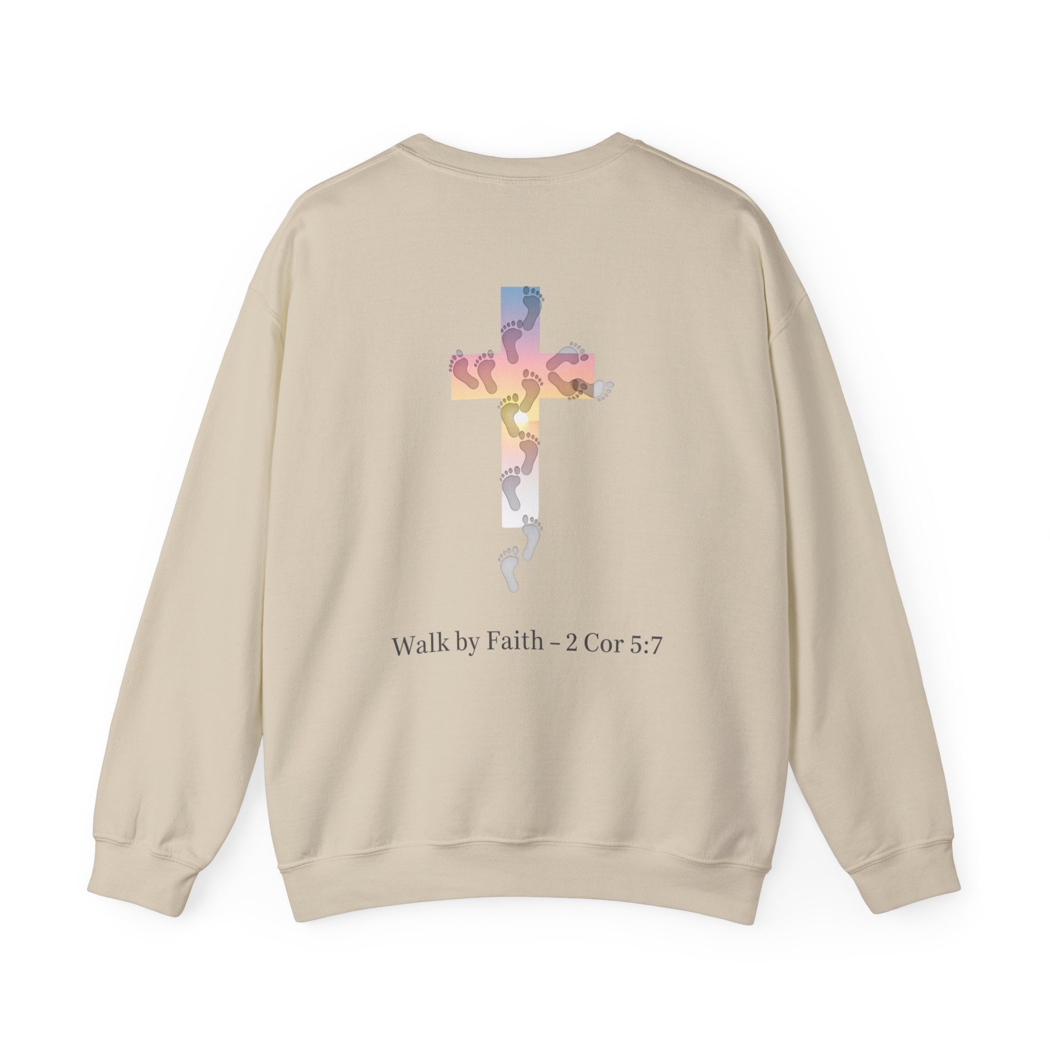 Walk by Faith Sweatshirt – Cross & Footprints Christian Sweatshirt for Cozy Inspiration Printify