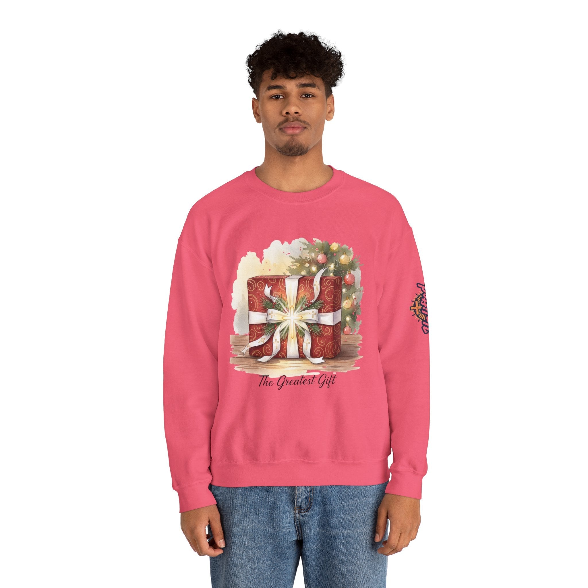 The Greatest Gift Sweatshirt – Cross Bow Present Christian Sweatshirt for Christmas Salvation & Eternal Faith Printify