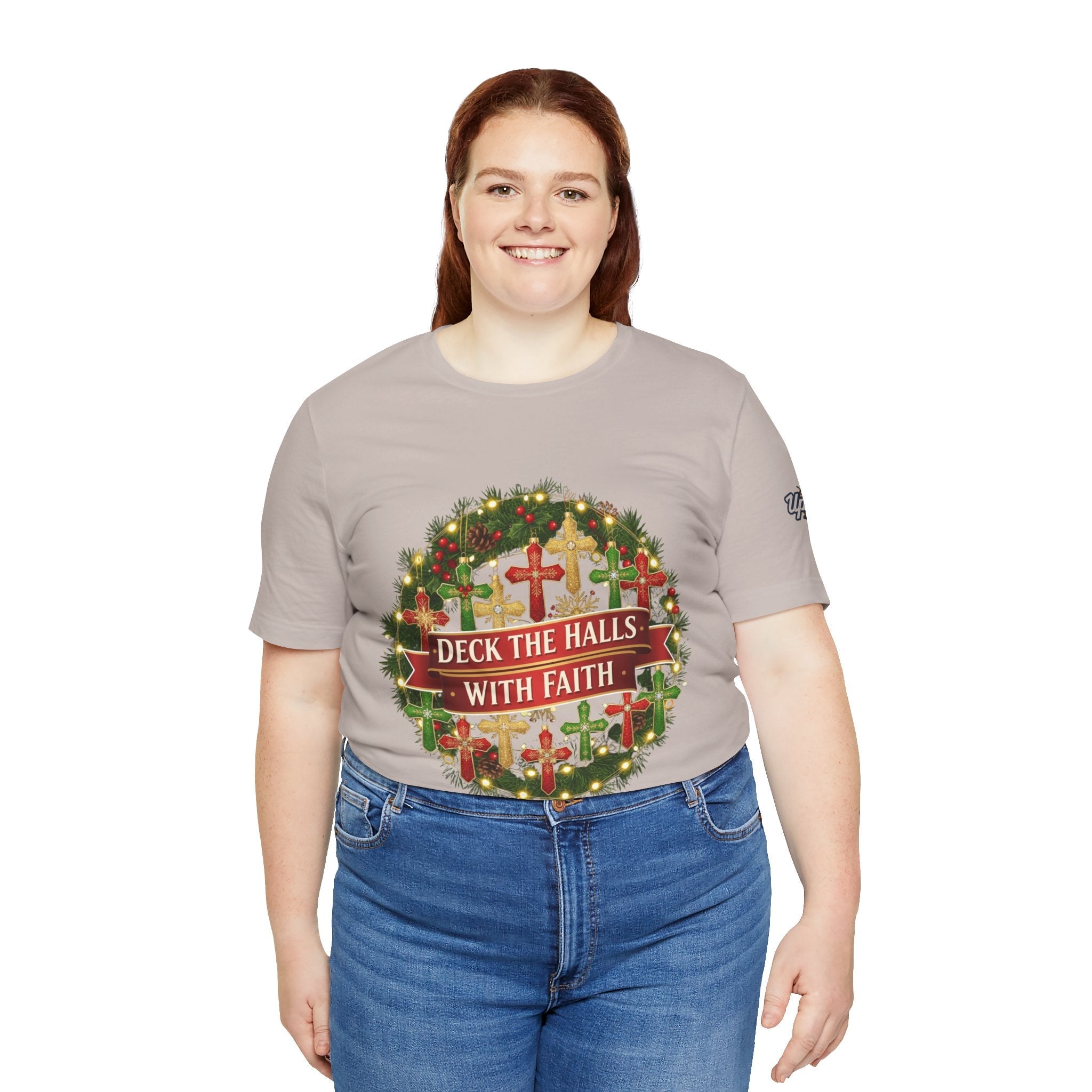 🎄 Deck the Halls with Faith – Christian Christmas T-Shirt | Cross Ornament Design & Festive Garland | Bold Holiday Faith Tee by Uplifted Gear Printify