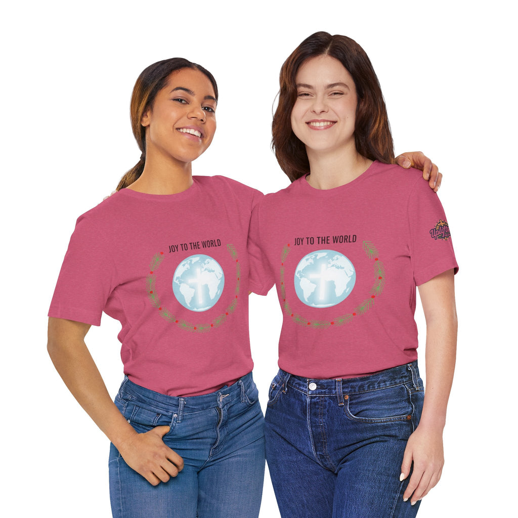 Joy to the World T-shirt – Wreath Earth Nativity Christian Christmas T-shirt for Isaiah 9:6 Holiday Faith & Festive Joy Printify