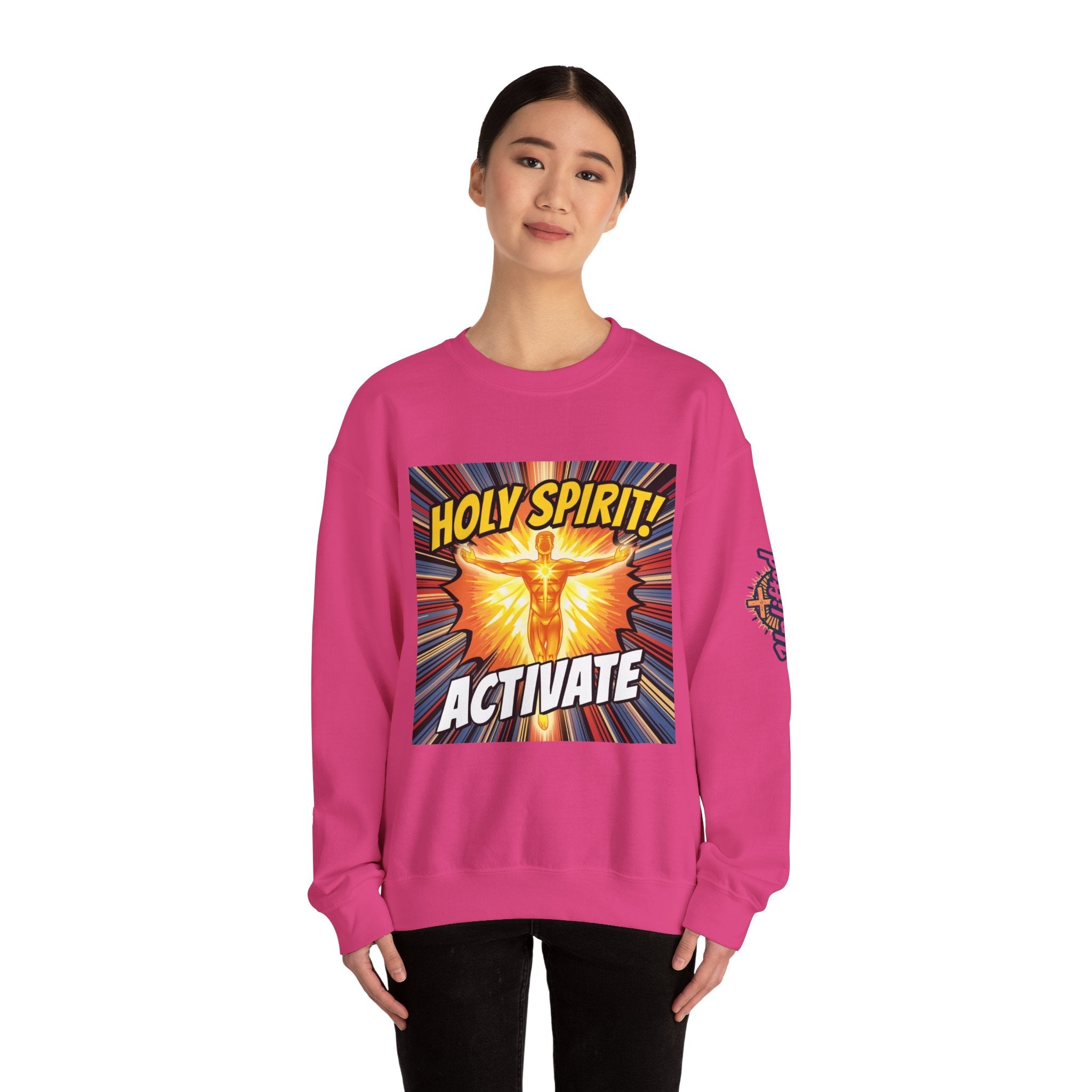 Holy Spirit Activate Sweatshirt – Superhero Christian Sweatshirt with Vibrant Power-Up Design for Faith-Fueled Boldness Printify