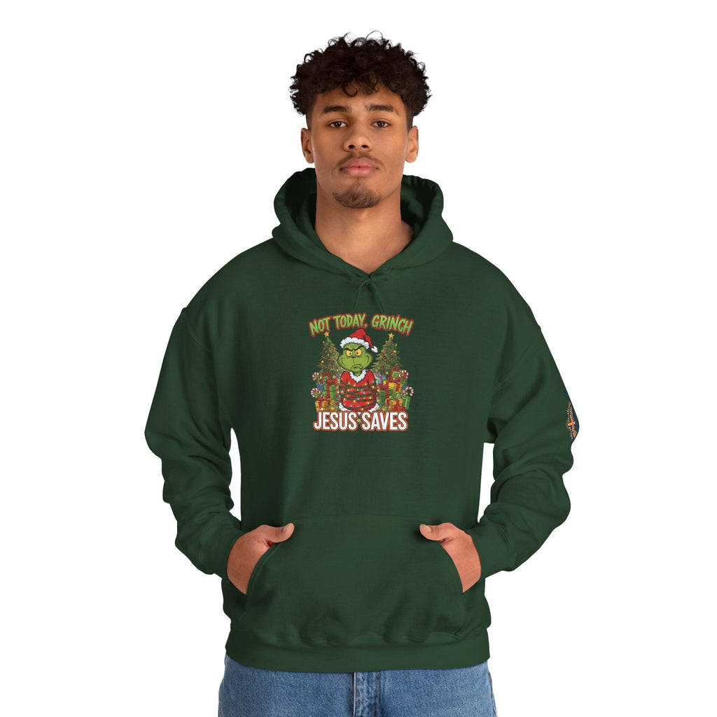 🎄 Not Today, Grinch – Jesus Saves | Funny Christian Christmas Hoodie | Sulking Grinch & Glowing Cross | Bold Neon Faith Tee by Uplifted Gear Printify
