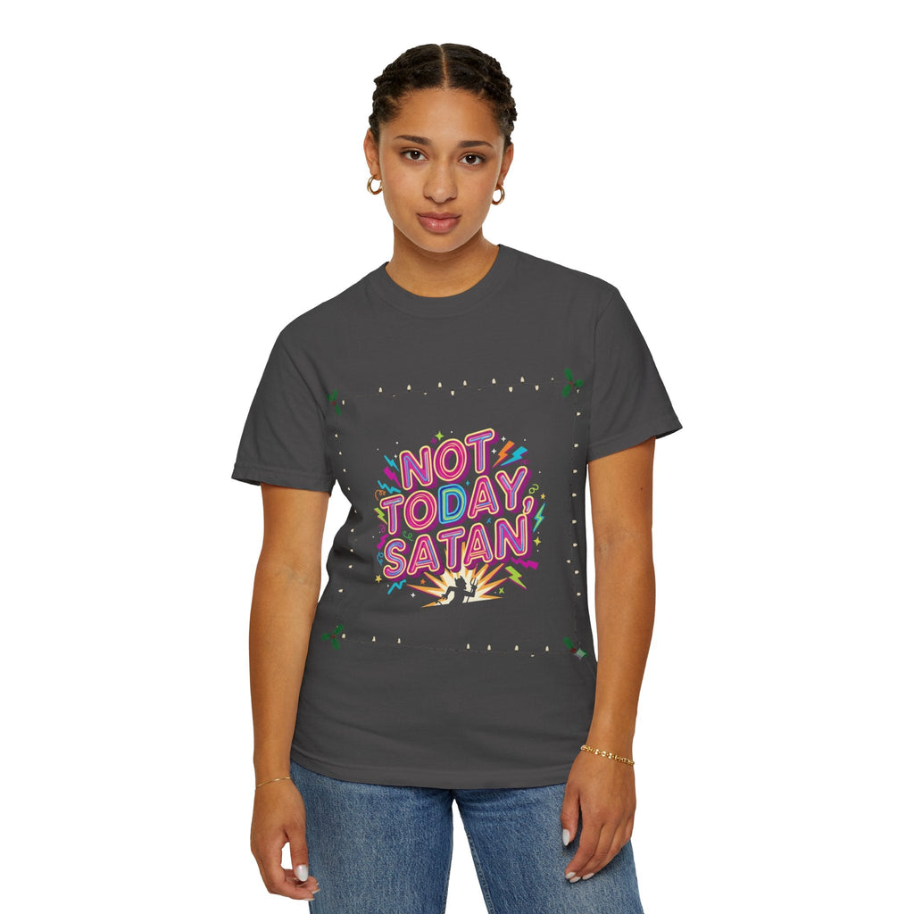 🔥 Not Today, Satan – Retro 90s Christian T-Shirt | Neon Faith Tee | Funky Cartoon Devil | Bold Bible Verse Shirt | Uplifted Gear Printify