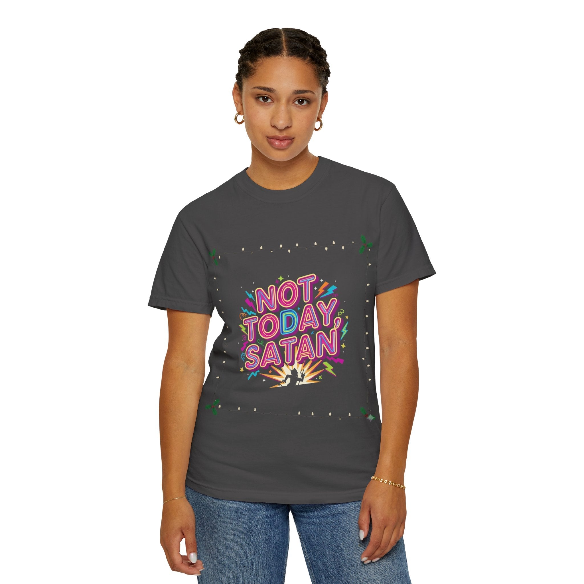 🔥 Not Today, Satan – Retro 90s Christian T-Shirt | Neon Faith Tee | Funky Cartoon Devil | Bold Bible Verse Shirt | Uplifted Gear Printify