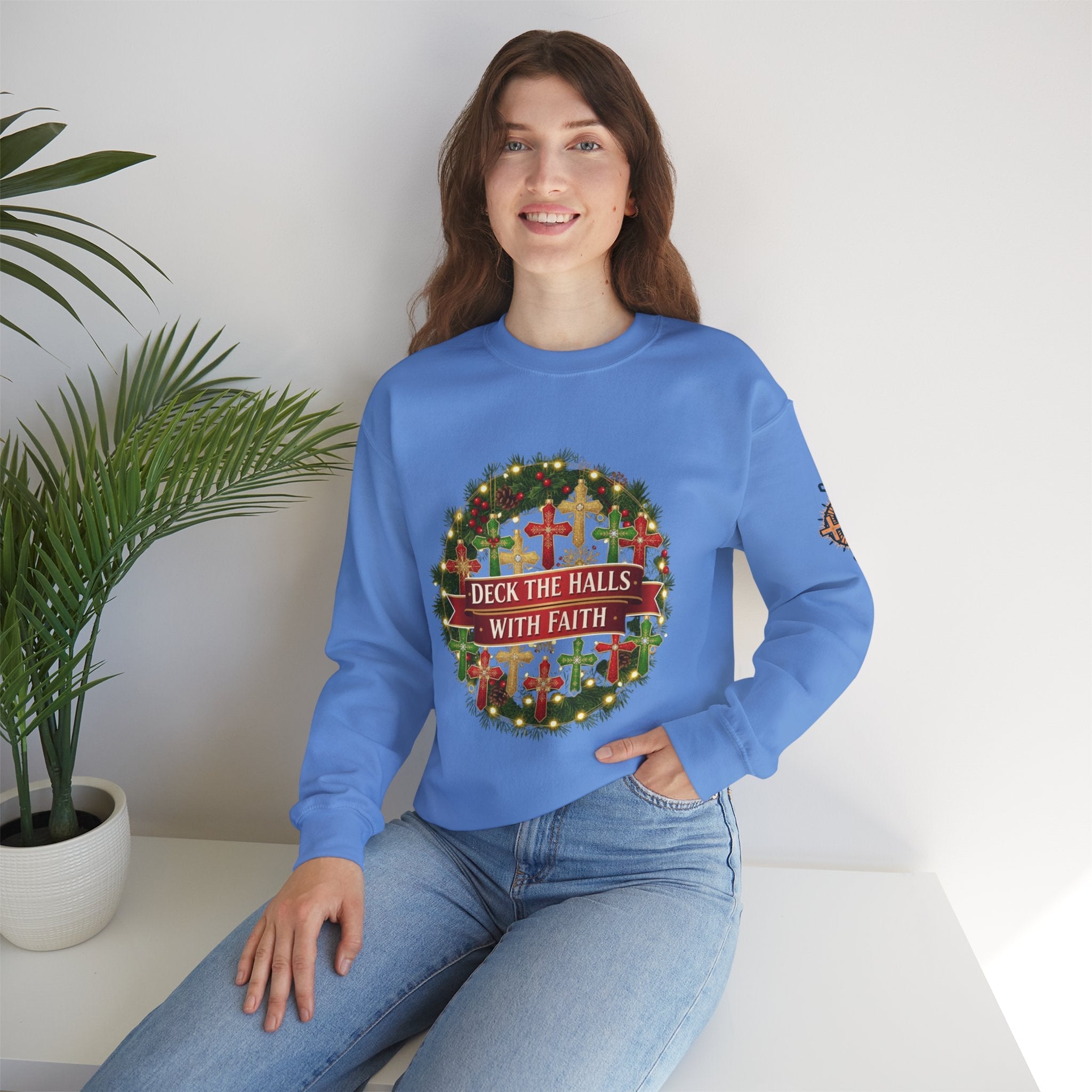 🎄 Deck the Halls with Faith – Christian Christmas Sweatshirt | Cross Ornament Design & Festive Garland | Bold Holiday Faith Tee by Uplifted Gear Printify