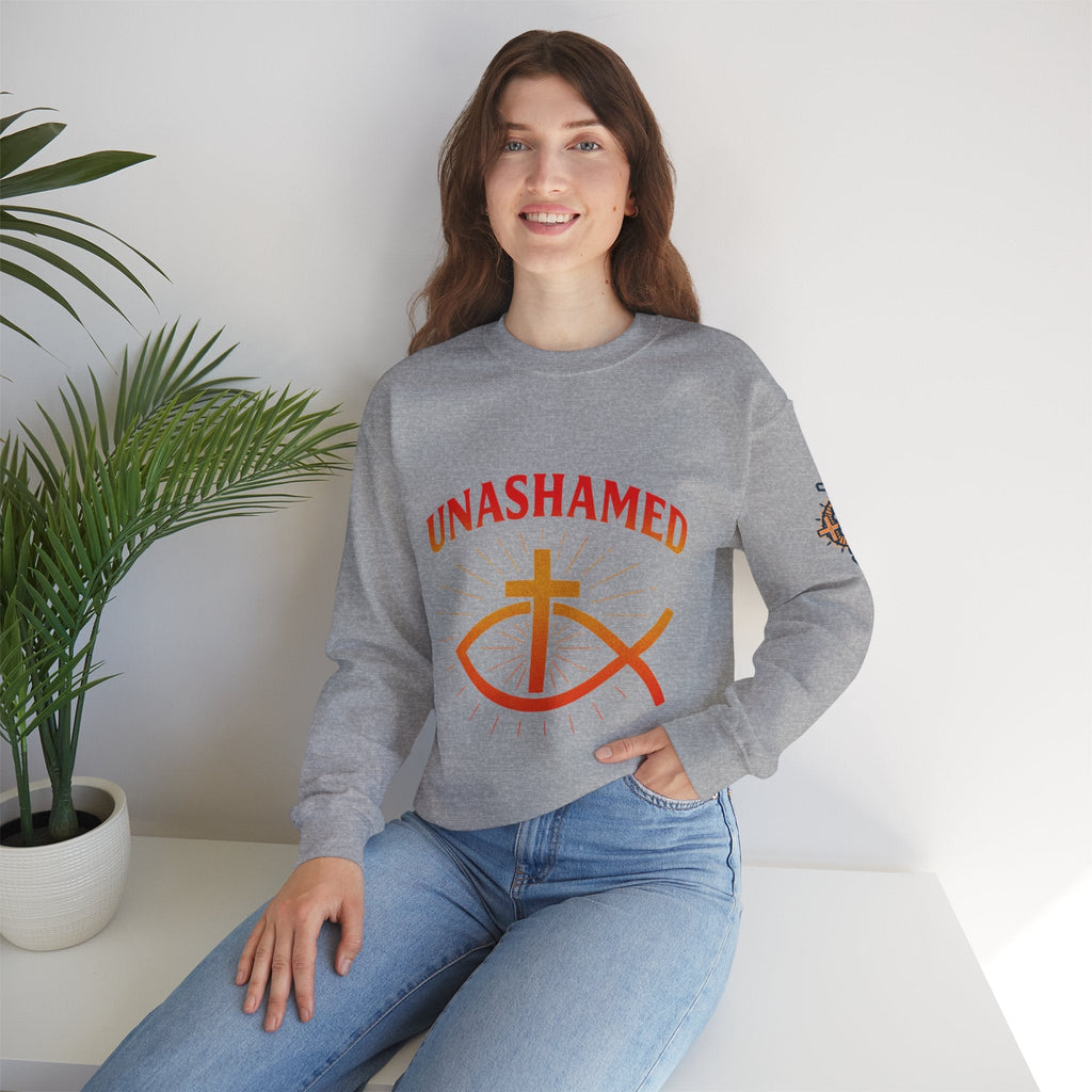 Unashamed Sweatshirt – Ichthys Jesus Fish & Cross Christian Sweatshirt for Romans 1:16 Bold Faith Printify