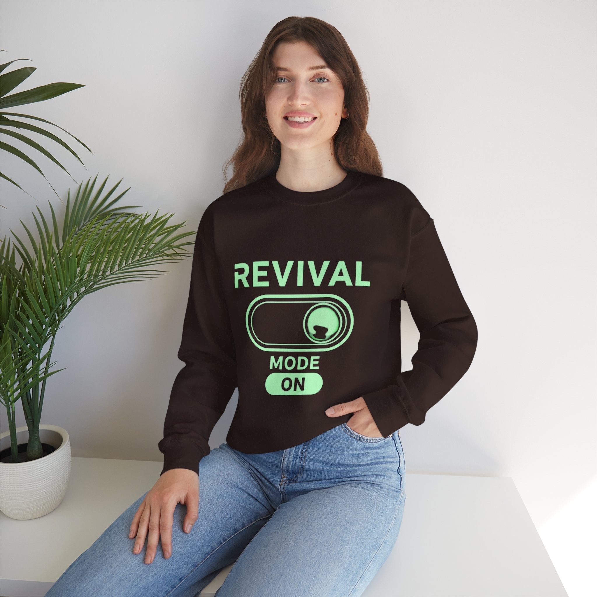 🔥 Revival Mode: ON – Christian Techwear Sweatshirt | Glowing Green Faith Switch | Futuristic Jesus Shirt | Activate Your Spiritual Awakening | Uplifted Gear Printify