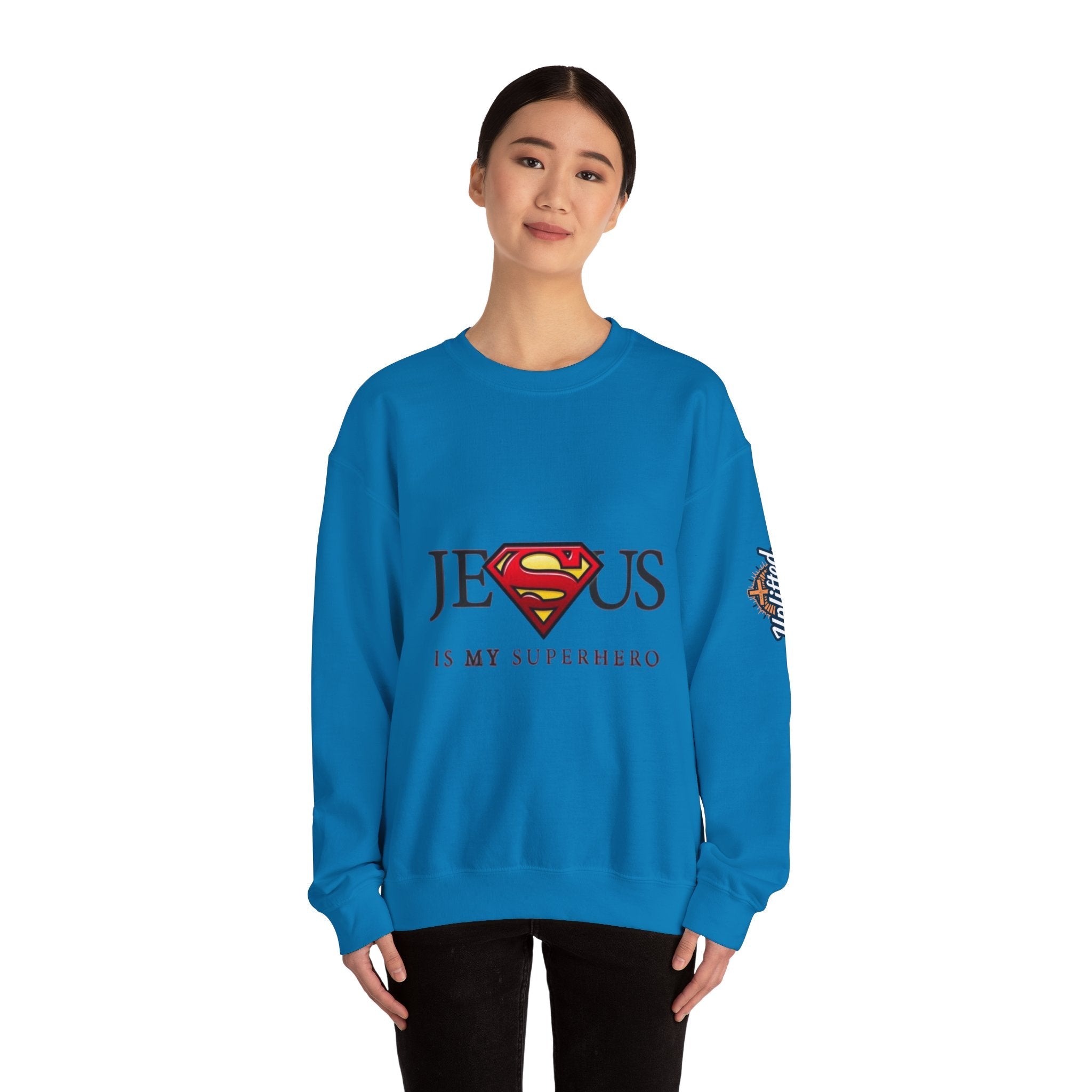 Jesus Is My Superhero Crewneck Sweatshirt Printify