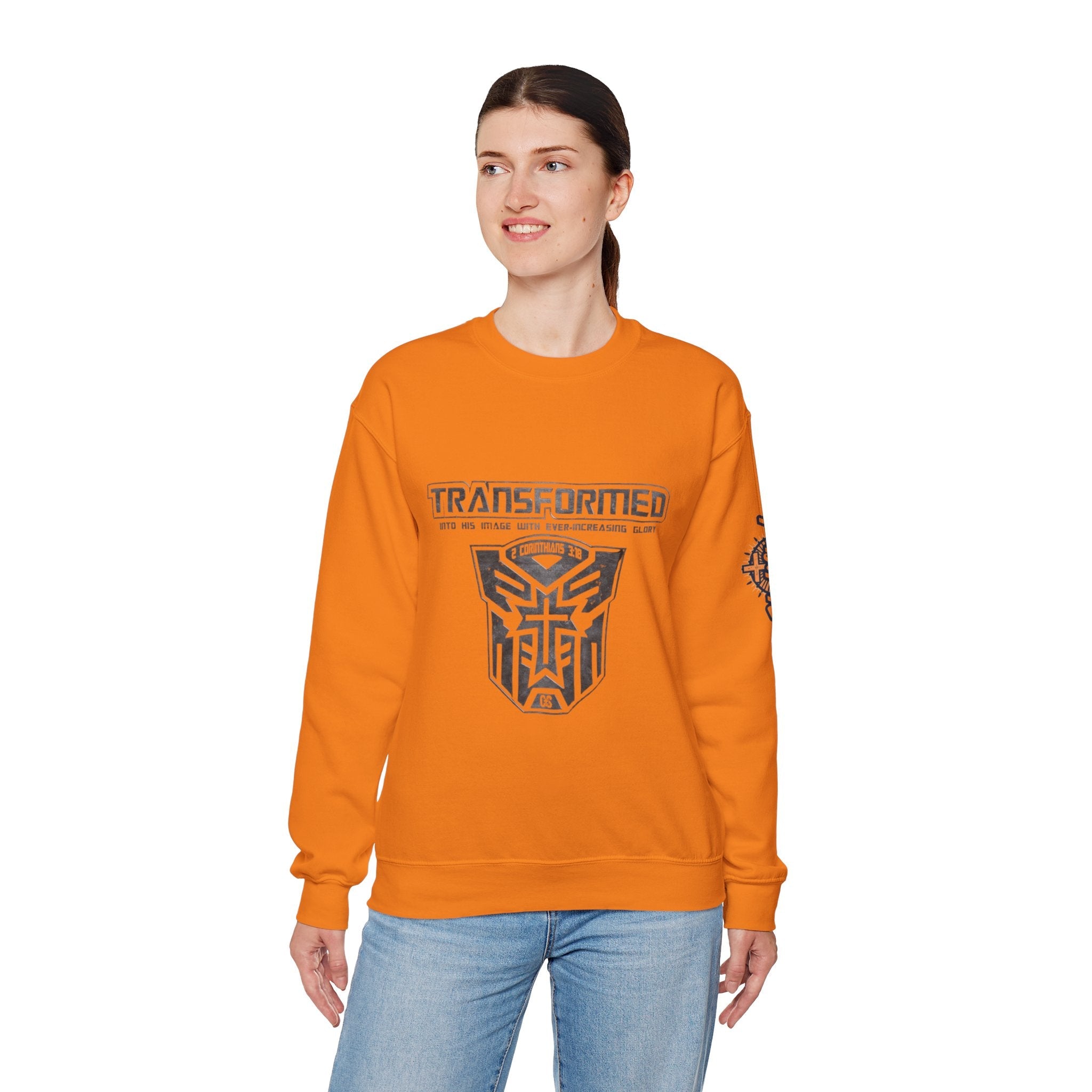 Transformer Logo Christian Sweatshirt | 2 Corinthians 3:18 Bible Verse Sweatshirt Printify