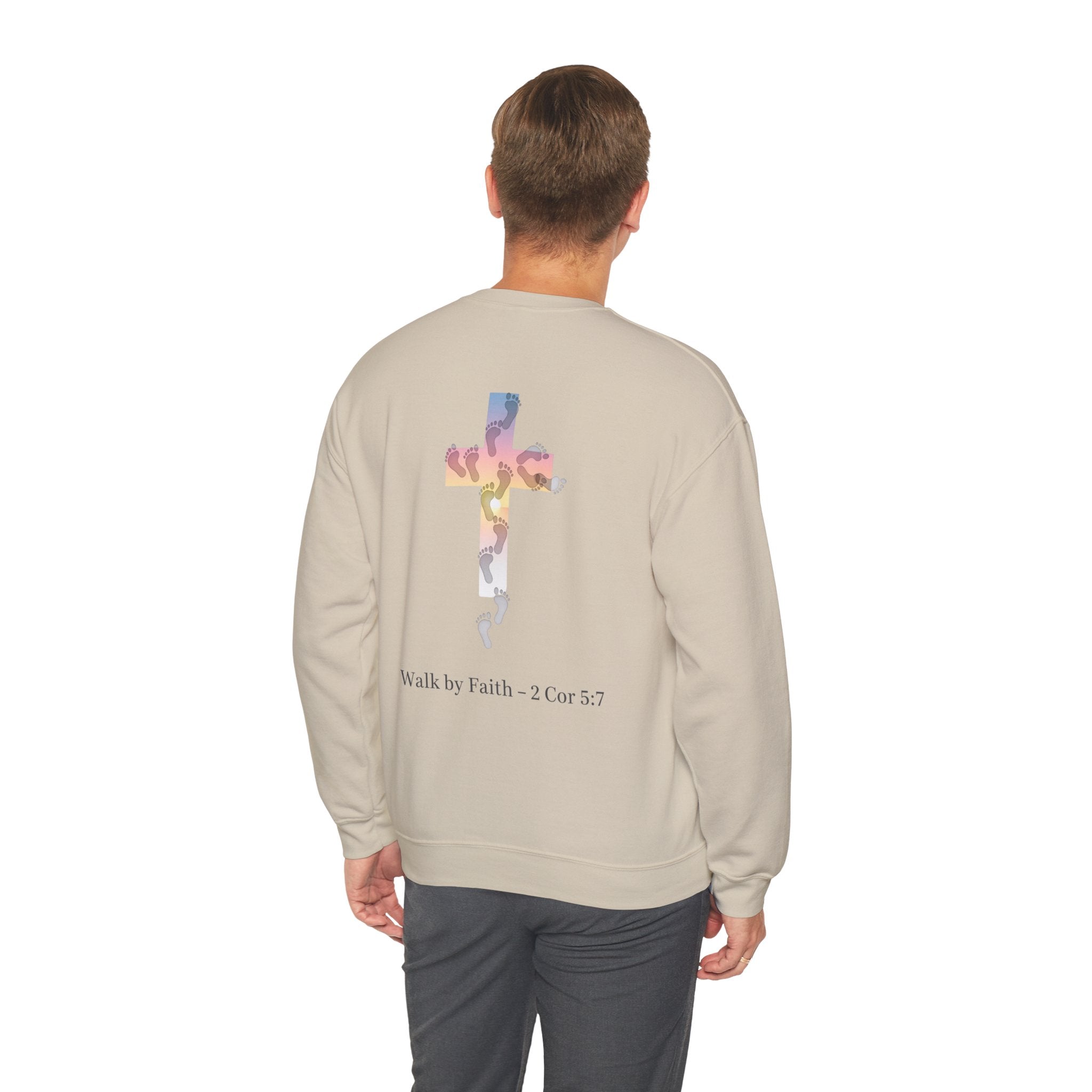 Walk by Faith Sweatshirt – Cross & Footprints Christian Sweatshirt for Cozy Inspiration Printify