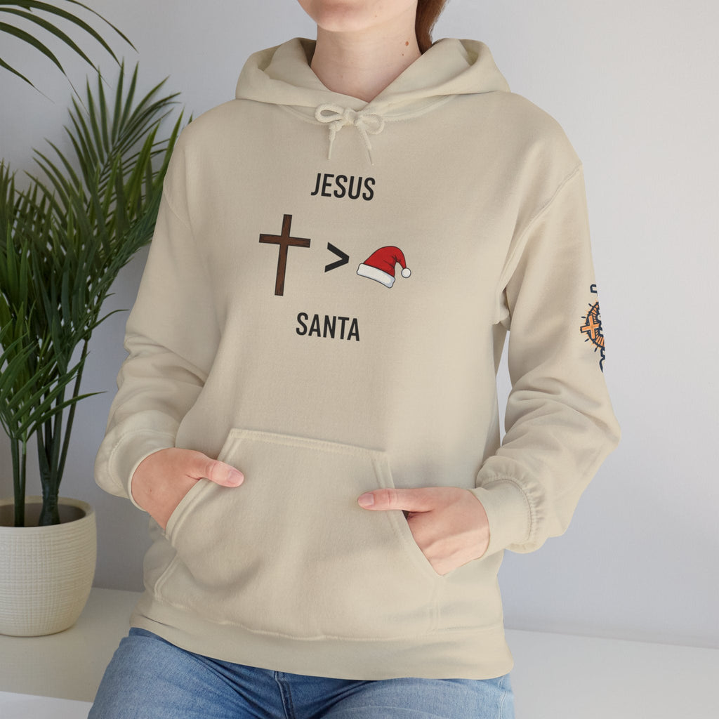 🎄 Jesus > Santa – Minimalist Christian Christmas Hoodie | Bold Faith Over Holiday Tee | Cross vs Santa Hat Design | Uplifted Gear Printify