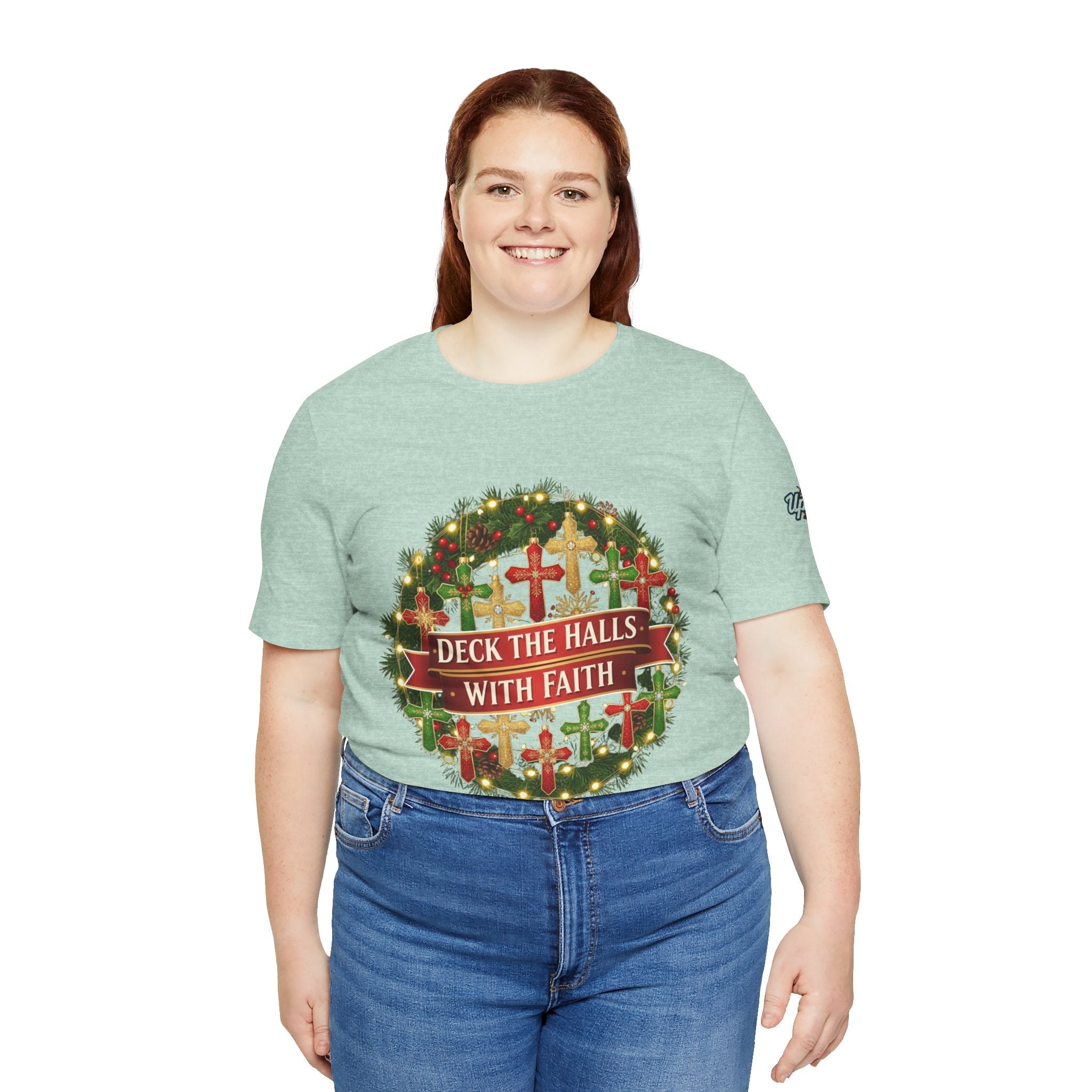 🎄 Deck the Halls with Faith – Christian Christmas T-Shirt | Cross Ornament Design & Festive Garland | Bold Holiday Faith Tee by Uplifted Gear Printify