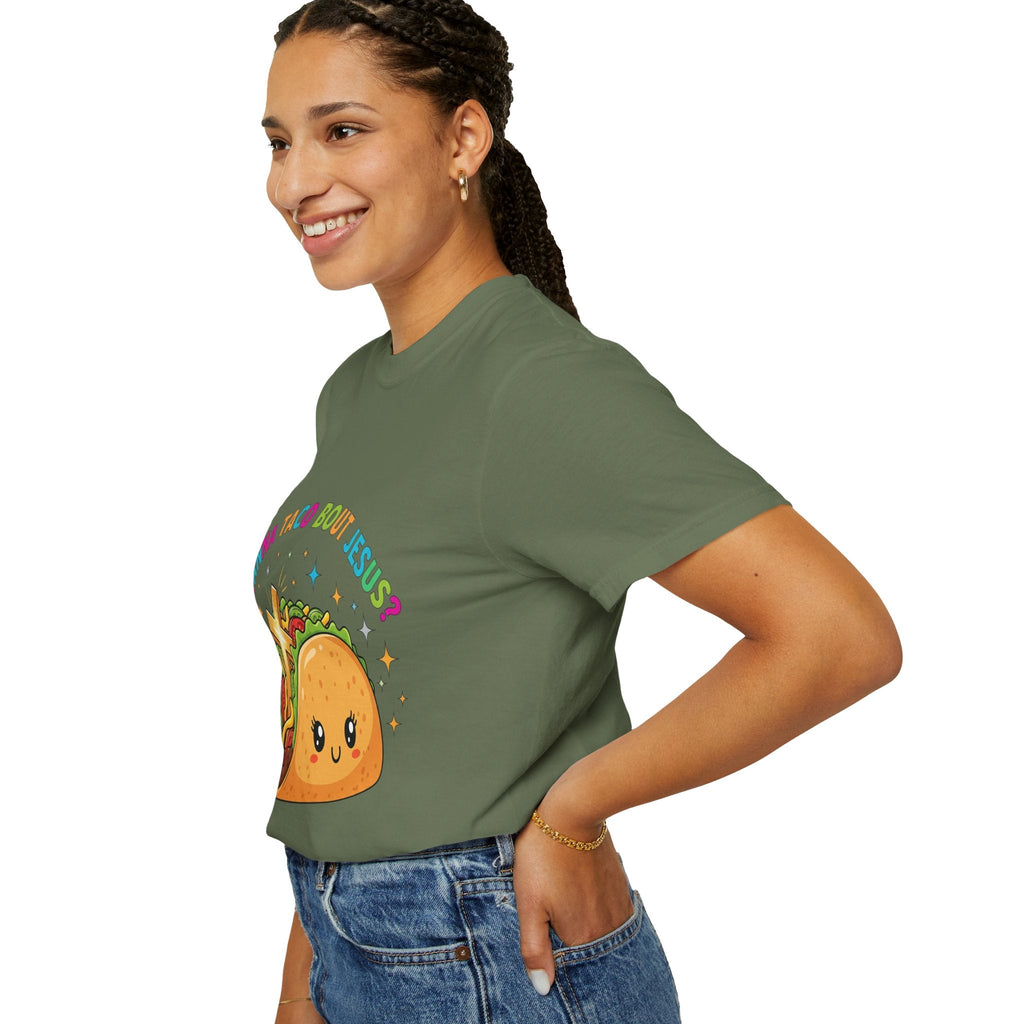 Wanna Taco 'Bout Jesus? Funny Christian Pun T-Shirt – Lettuce Pray & Share Faith! Printify