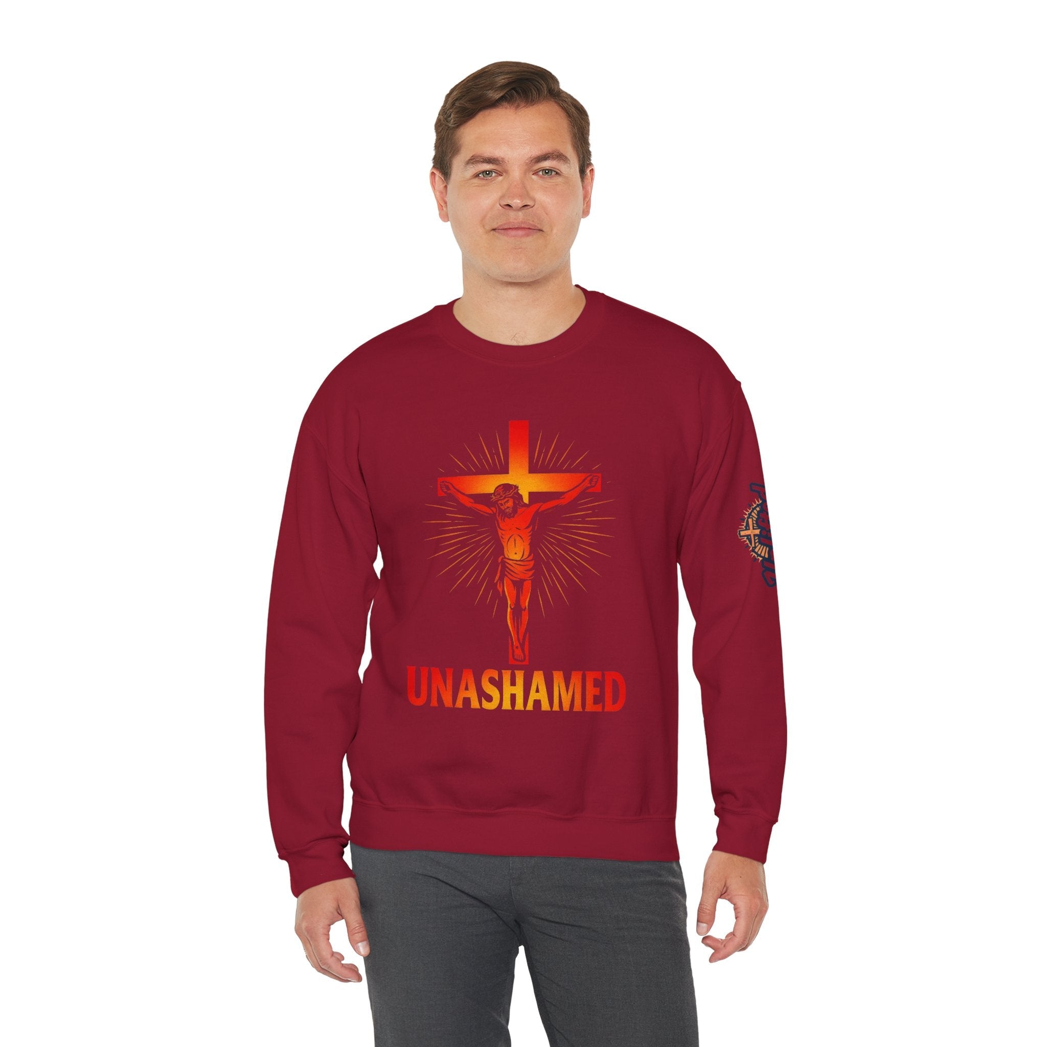 Unashamed Sweatshirt – Romans 1:16 Crucifixion Christian Sweatshirt for Bold Unwavering Faith Printify