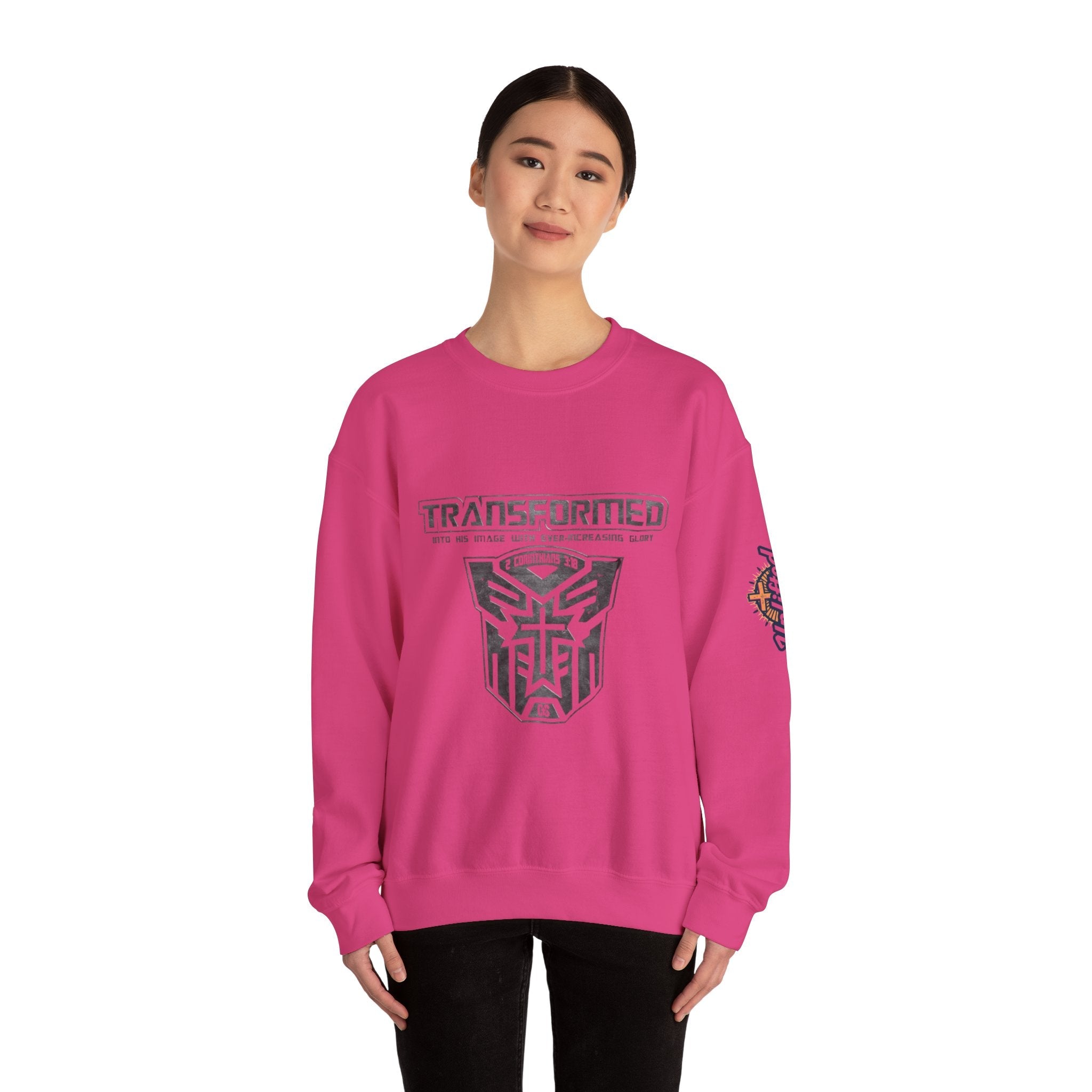 Transformer Logo Christian Sweatshirt | 2 Corinthians 3:18 Bible Verse Sweatshirt Printify