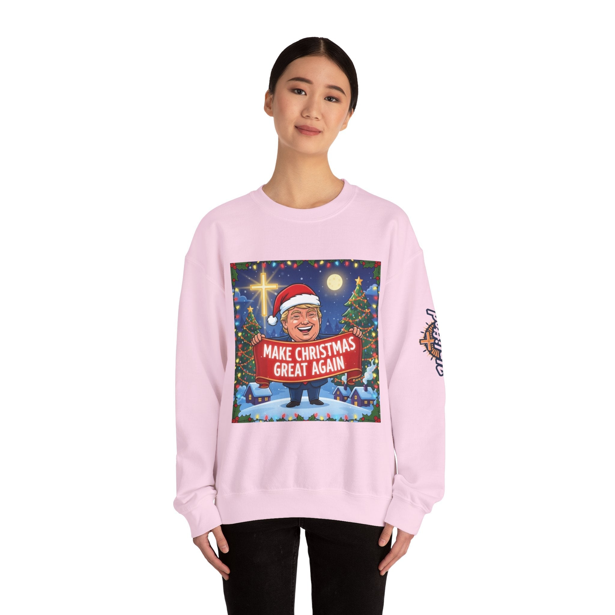 🎄 Make Christmas Great Again – Patriotic Christian Christmas Sweatshirt | Bold Holiday Faith Tee | Red & White Banner Design | Uplifted Gear Printify