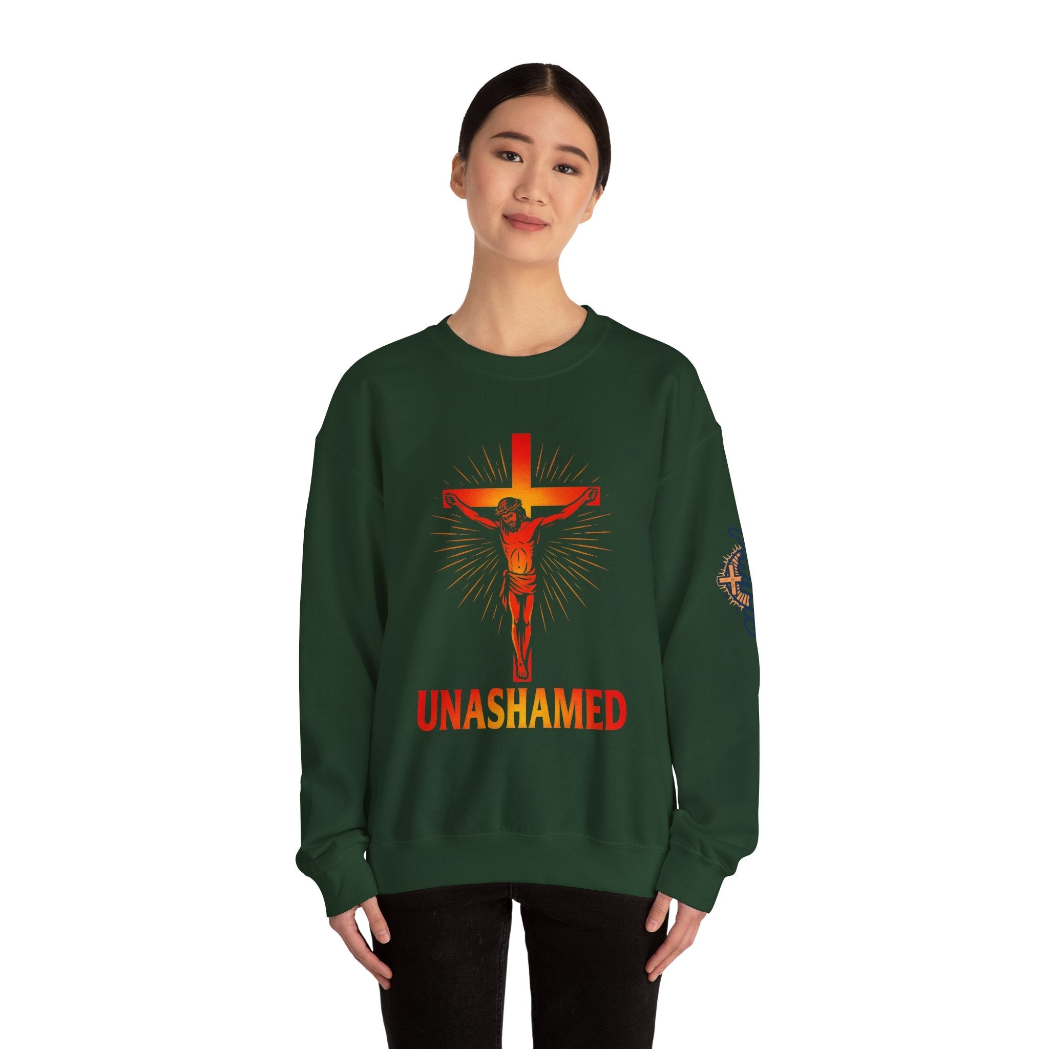 Unashamed Sweatshirt – Romans 1:16 Crucifixion Christian Sweatshirt for Bold Unwavering Faith Printify