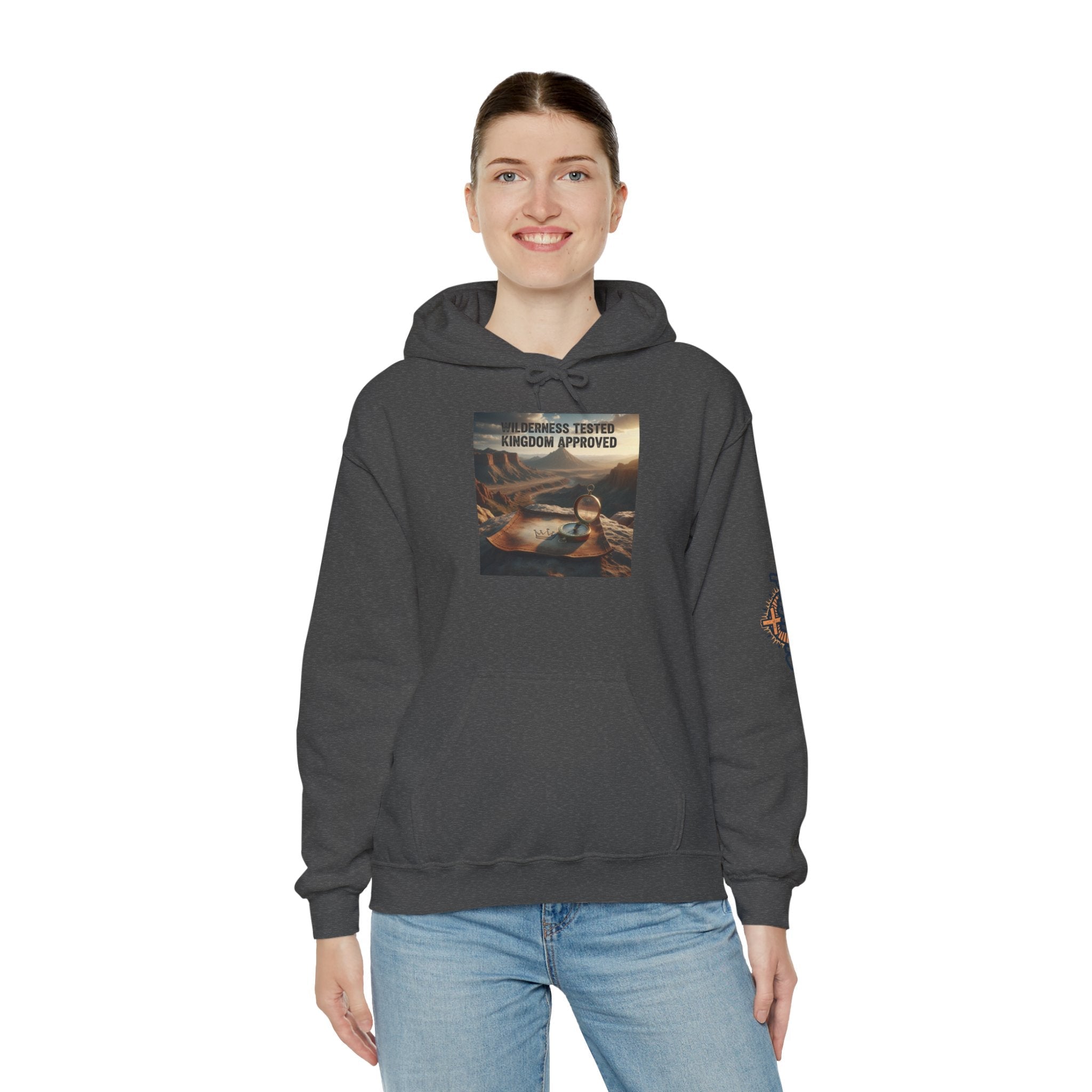Wilderness Tested Kingdom Approved Hoodie – Mountain Desert Compass Crown Christian Sweatshirt for Biblical Adventure Faith Printify