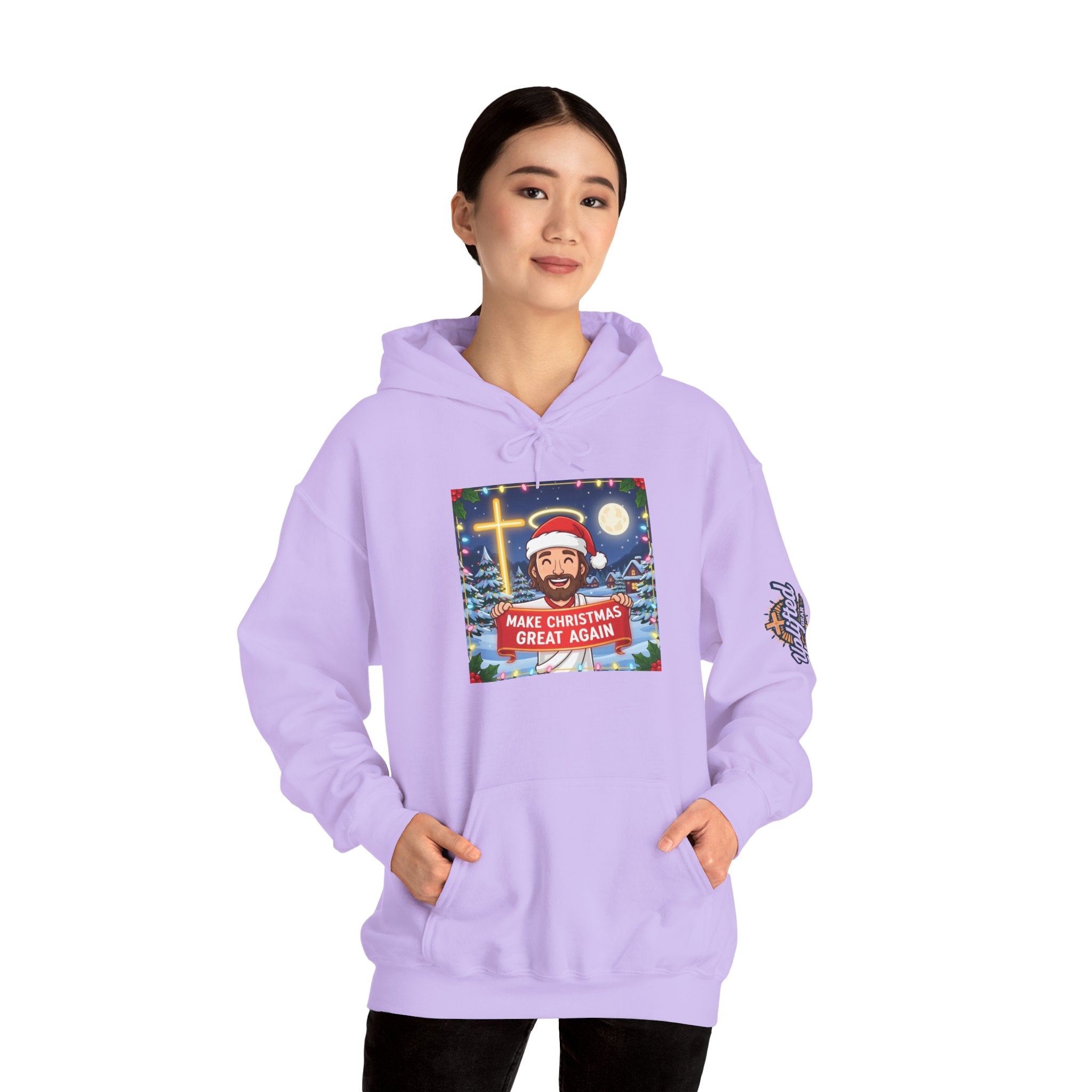 🎄 Make Christmas Great Again – Funny Christian Hoodie | Jesus Holding Banner | Faith-Based Holiday Parody Tee | Uplifted Gear Printify