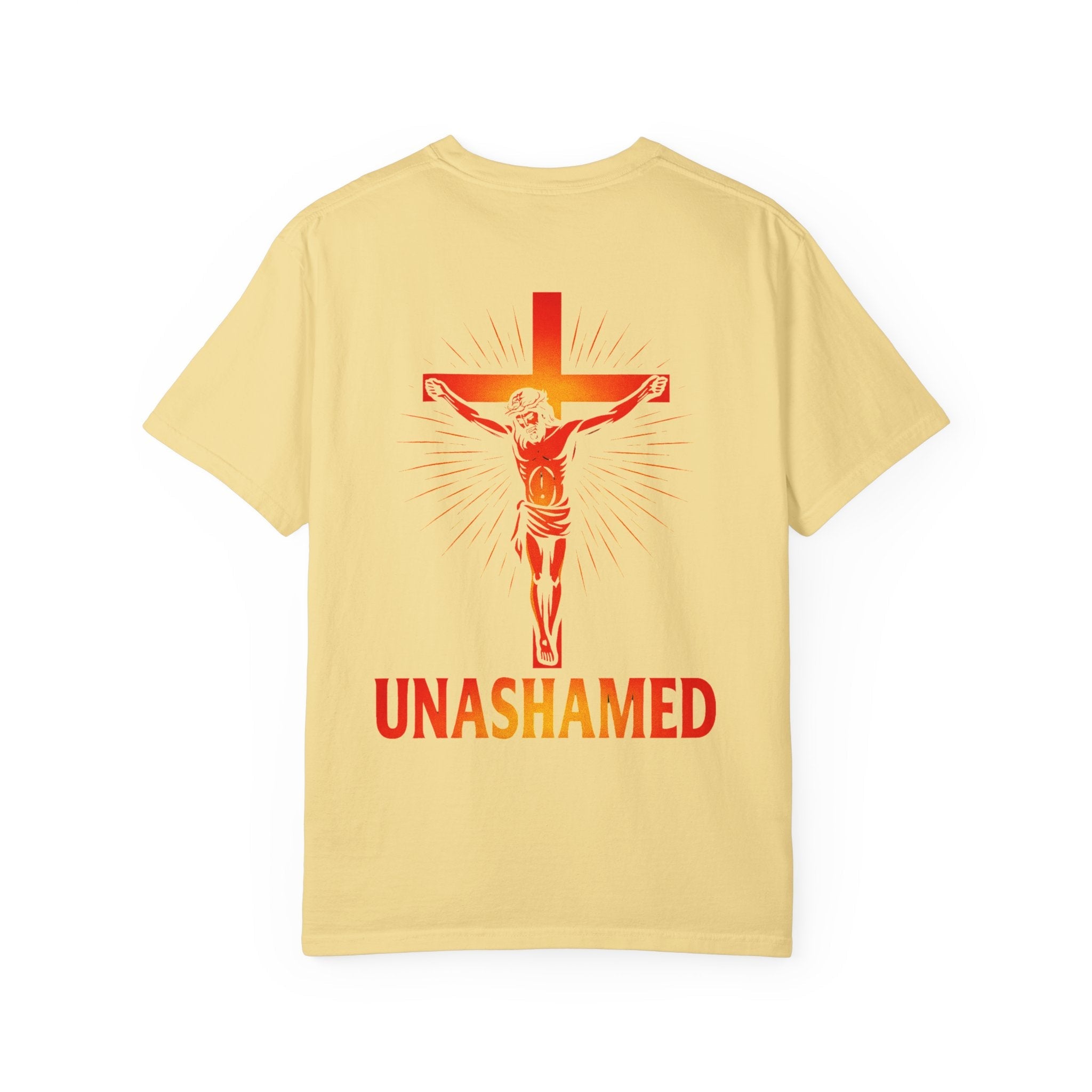 Unashamed T-shirt – Romans 1:16 Crucifixion Christian t-shirt for Bold Unwavering Faith Red Printify
