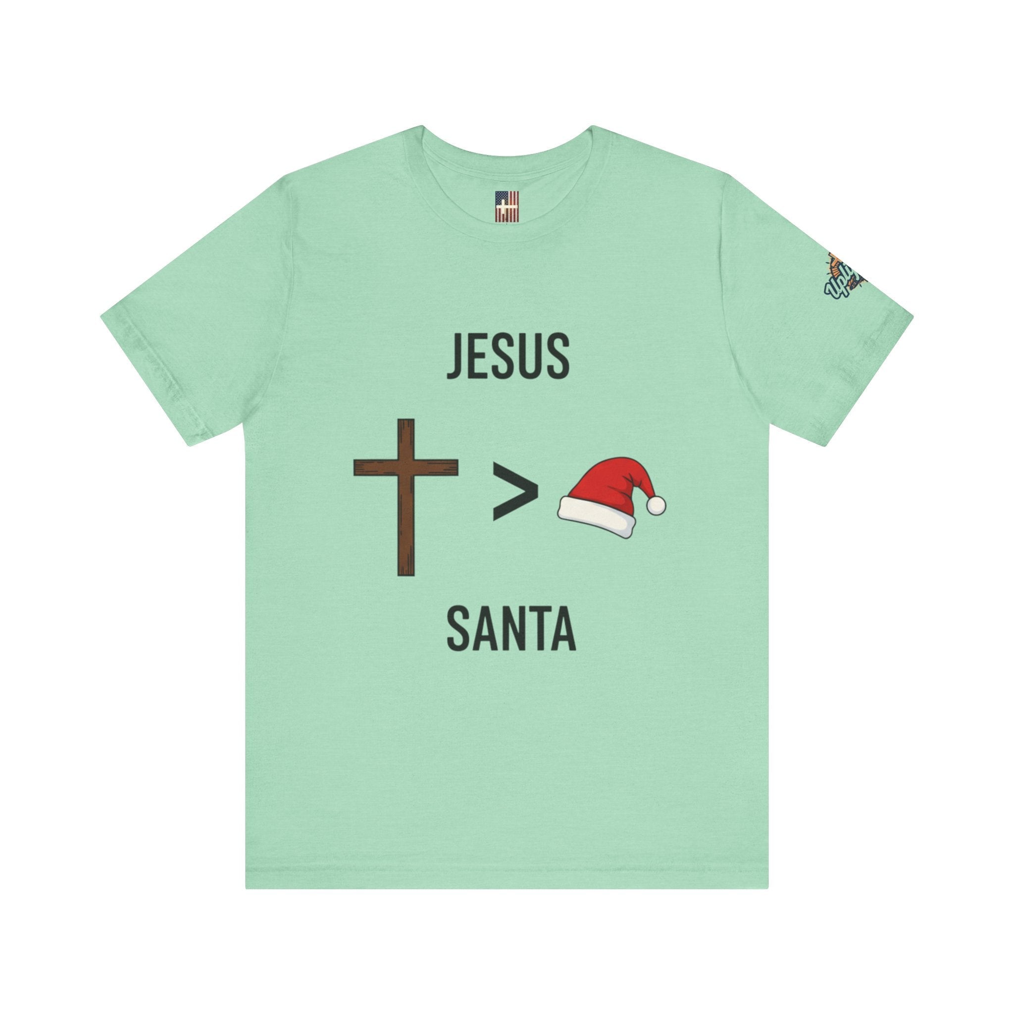🎄 Jesus > Santa – Minimalist Christian Christmas T-Shirt | Bold Faith Over Holiday Tee | Cross vs Santa Hat Design | Uplifted Gear Printify
