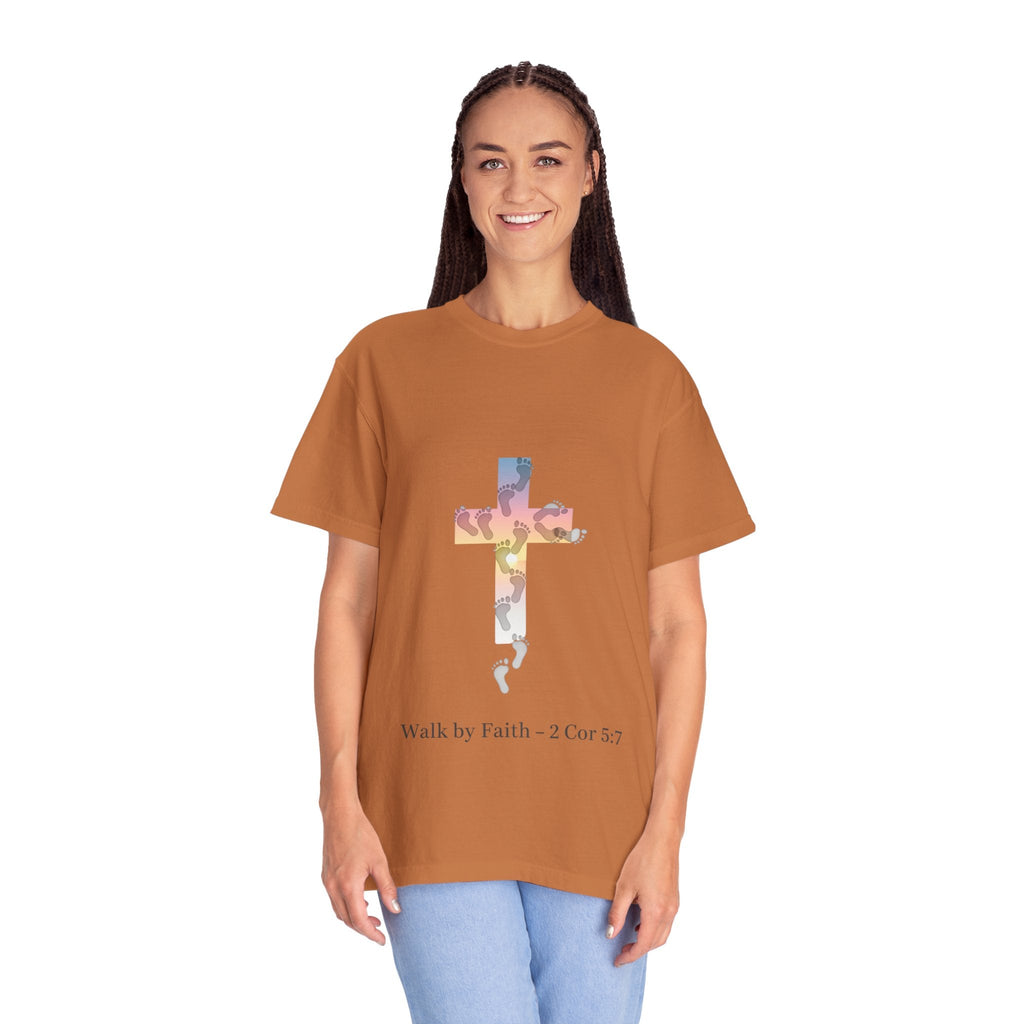 Walk by Faith T-Shirt – Cross & Footprints Christian Tee for Bold Believers Printify