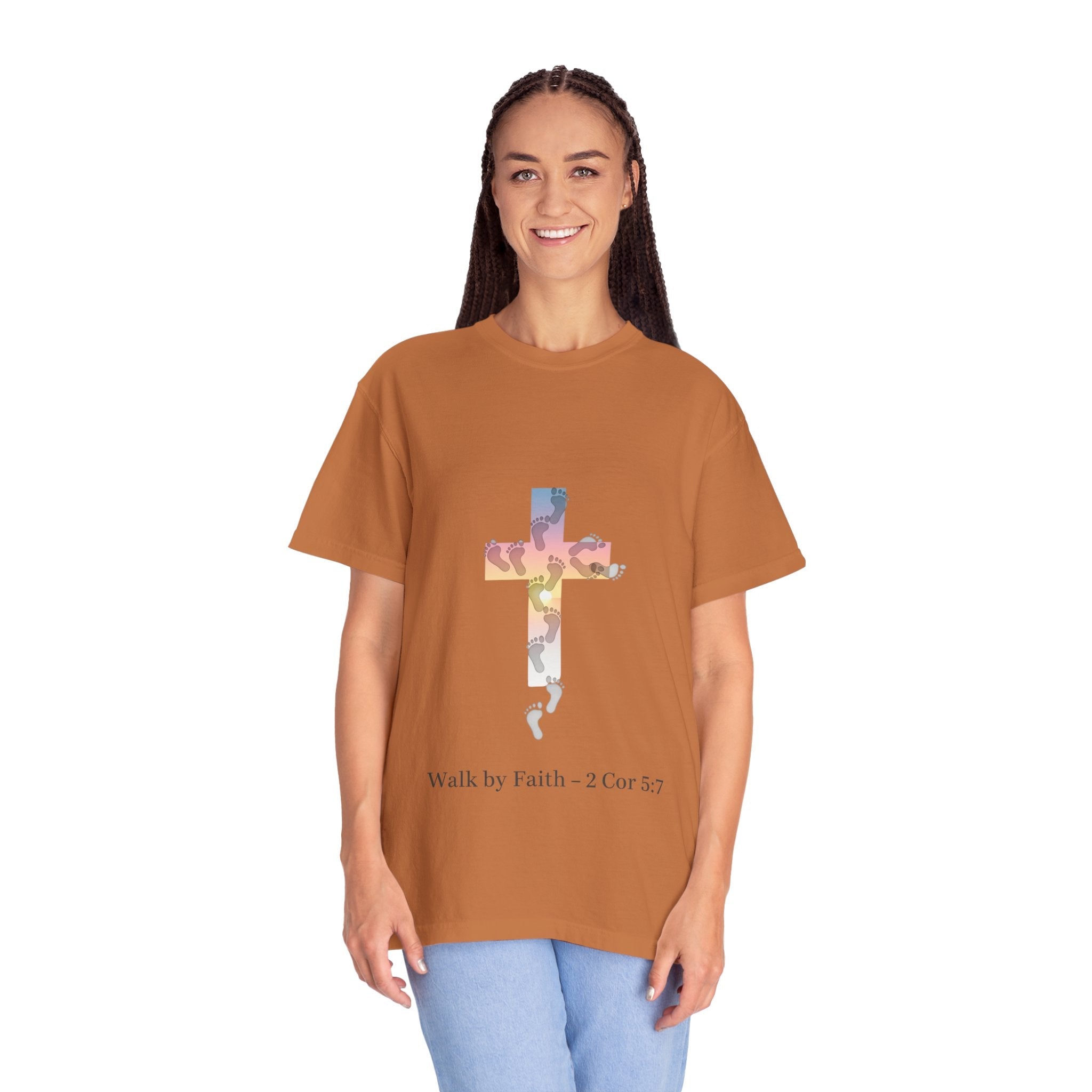 Walk by Faith T-Shirt – Cross & Footprints Christian Tee for Bold Believers Printify