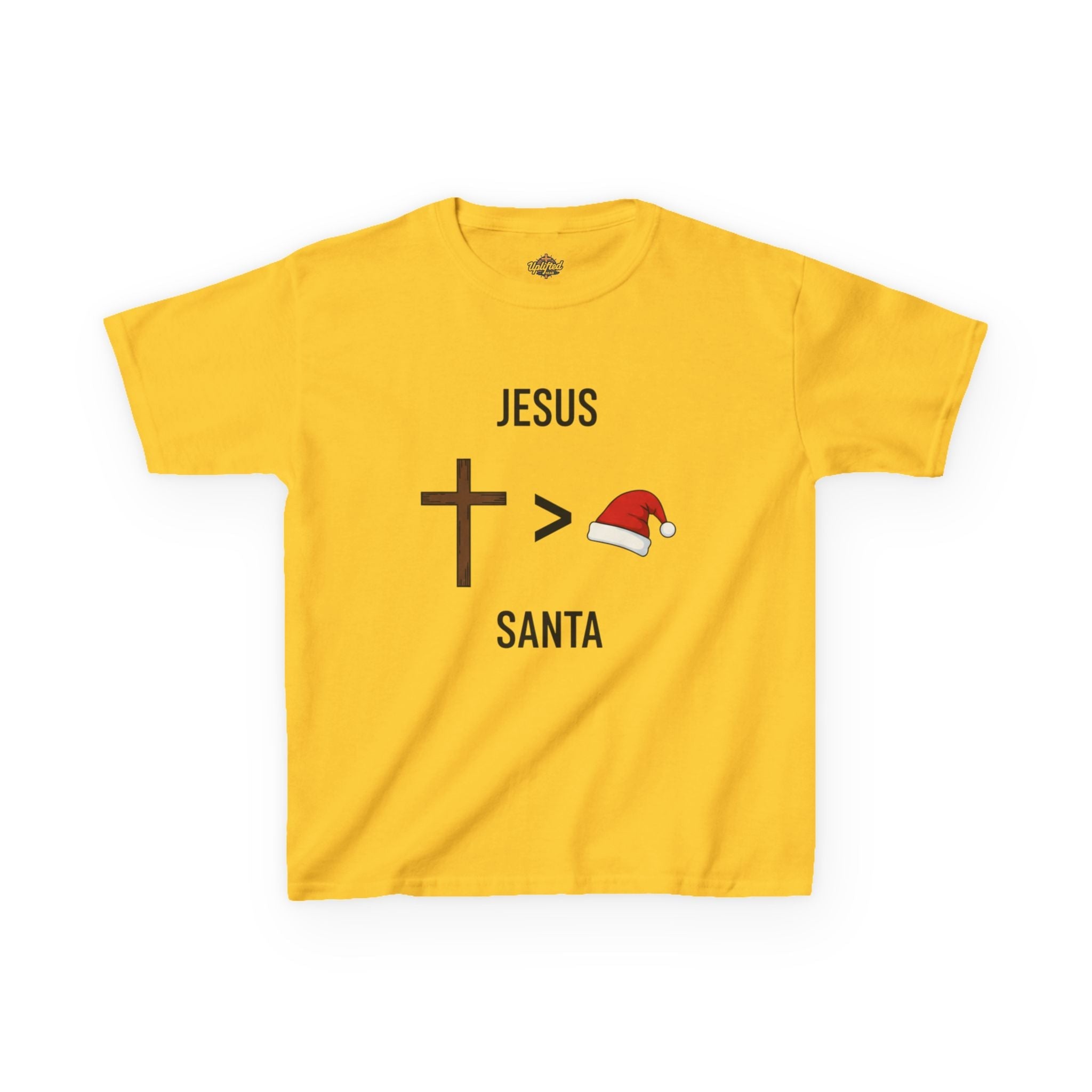 🎄 Jesus > Santa – Minimalist Christian Christmas Kids T-Shirt | Bold Faith Over Holiday Tee | Cross vs Santa Hat Design | Uplifted Gear Printify