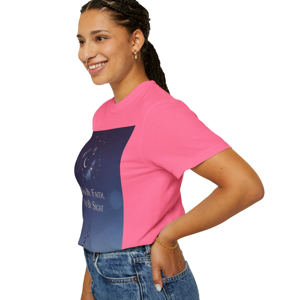 Walk by Faith, Not by Sight T-Shirt – Footprints in the Sand Christian Moonlit Tee Printify