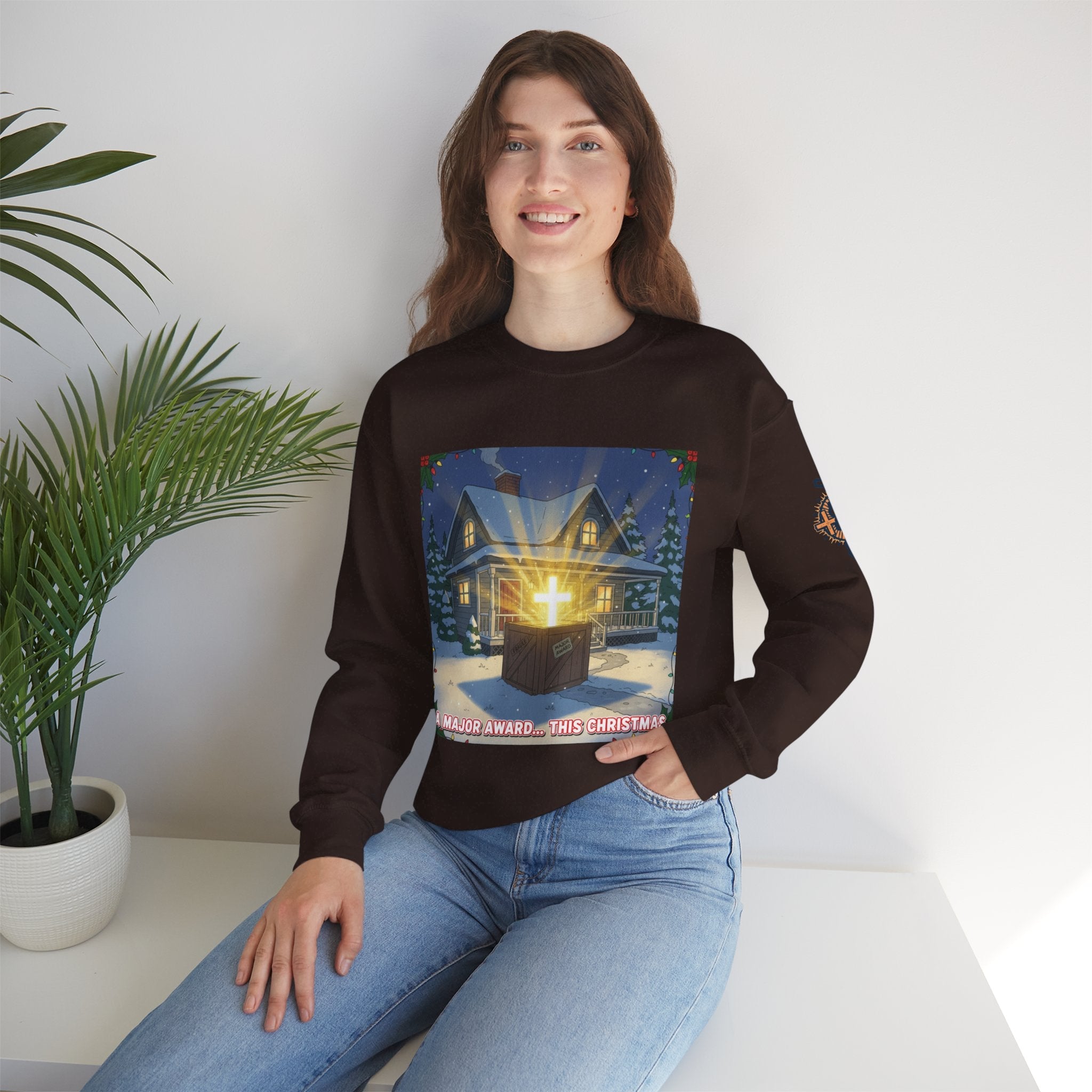A Major Award This Christmas Sweatshirt – Fragile Leg Lamp Parody Cross Unboxing Christian Sweatshirt for Hilarious Faith & Holiday Glow Printify